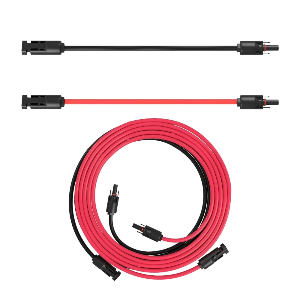 Czarny i czerwony kabel ze złączami, zwinięte i proste, na białym tle.