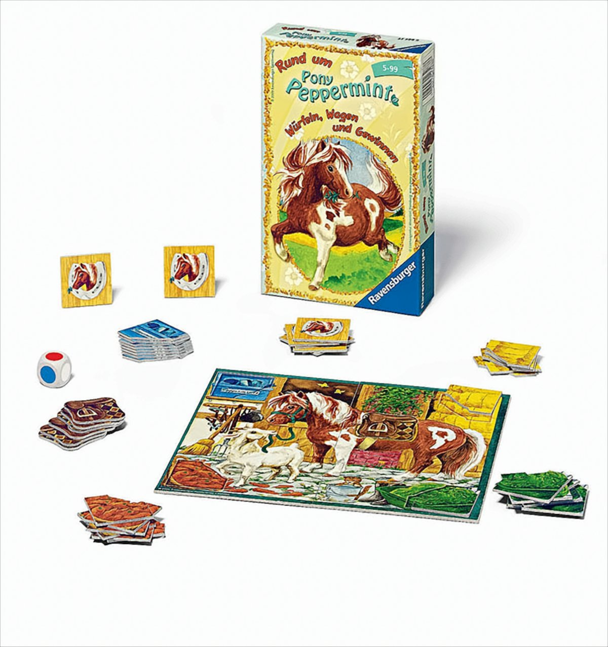 Ravensburger Brettspiel Rund um Pony Pepperminte mit Box, Würfel, Spielbrett und Bildkarten auf weißem Grund.