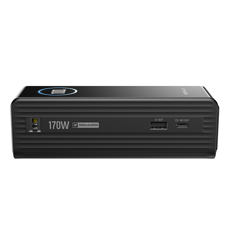 Black power bank featuring a digital display, 170W power rating, USB-C, and USB ports on the front panel.