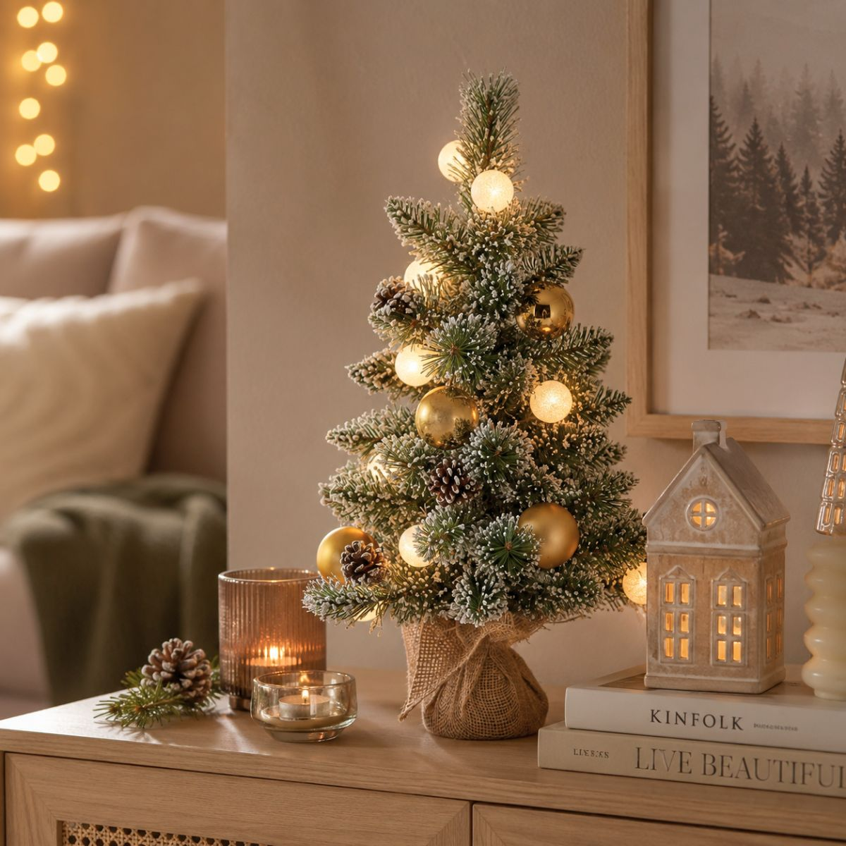 Kleiner, verschneiter Weihnachtsbaum mit goldenen Kugeln und Lichtern auf einer Kommode mit Kerzen und einem Keramikhaus.