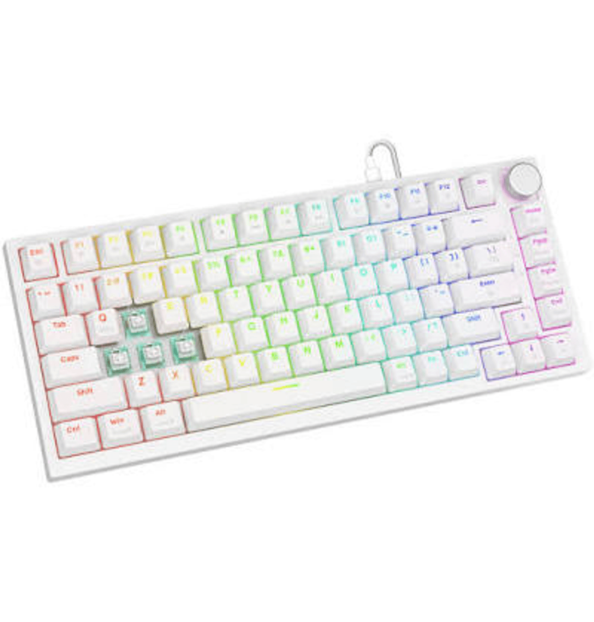 Biała klawiatura mechaniczna z podświetleniem RGB i odsłoniętymi przełącznikami.