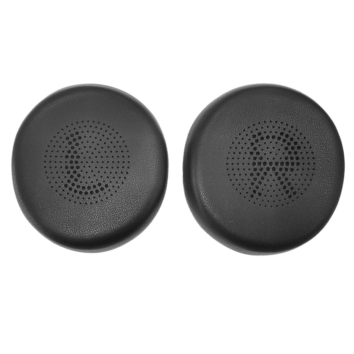 Due cuscinetti di ricambio per cuffie in similpelle nera con centri perforati su sfondo bianco.