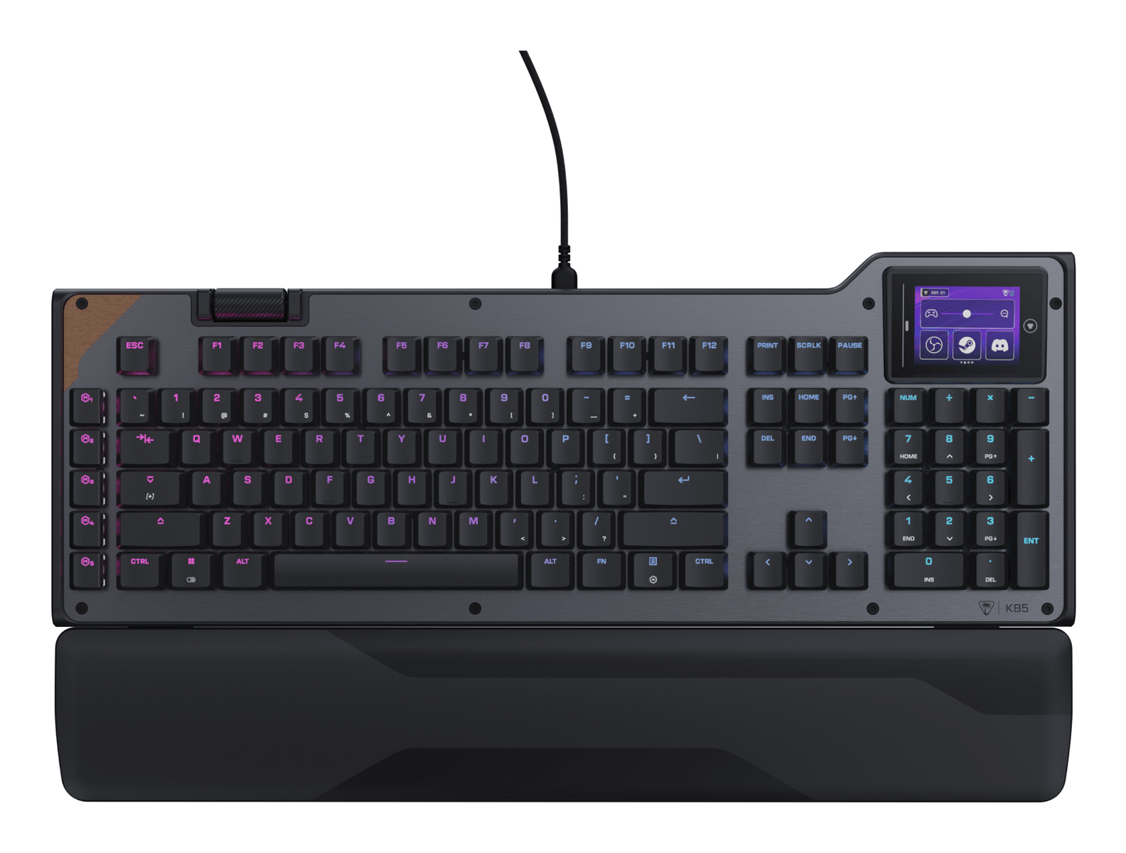 Eine schwarze mechanische Gaming-Tastatur mit RGB-Hintergrundbeleuchtung, integriertem Display und Handballenauflage.
