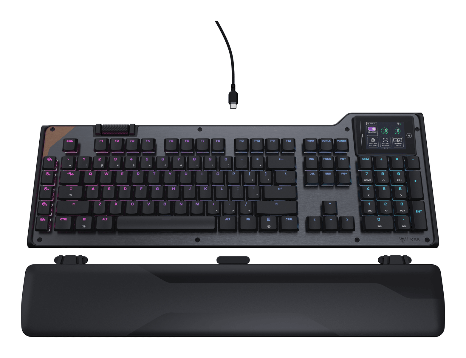 Eine schwarze mechanische Tastatur mit RGB-Hintergrundbeleuchtung, integriertem Bildschirm, USB-Kabel und Handballenauflage.
