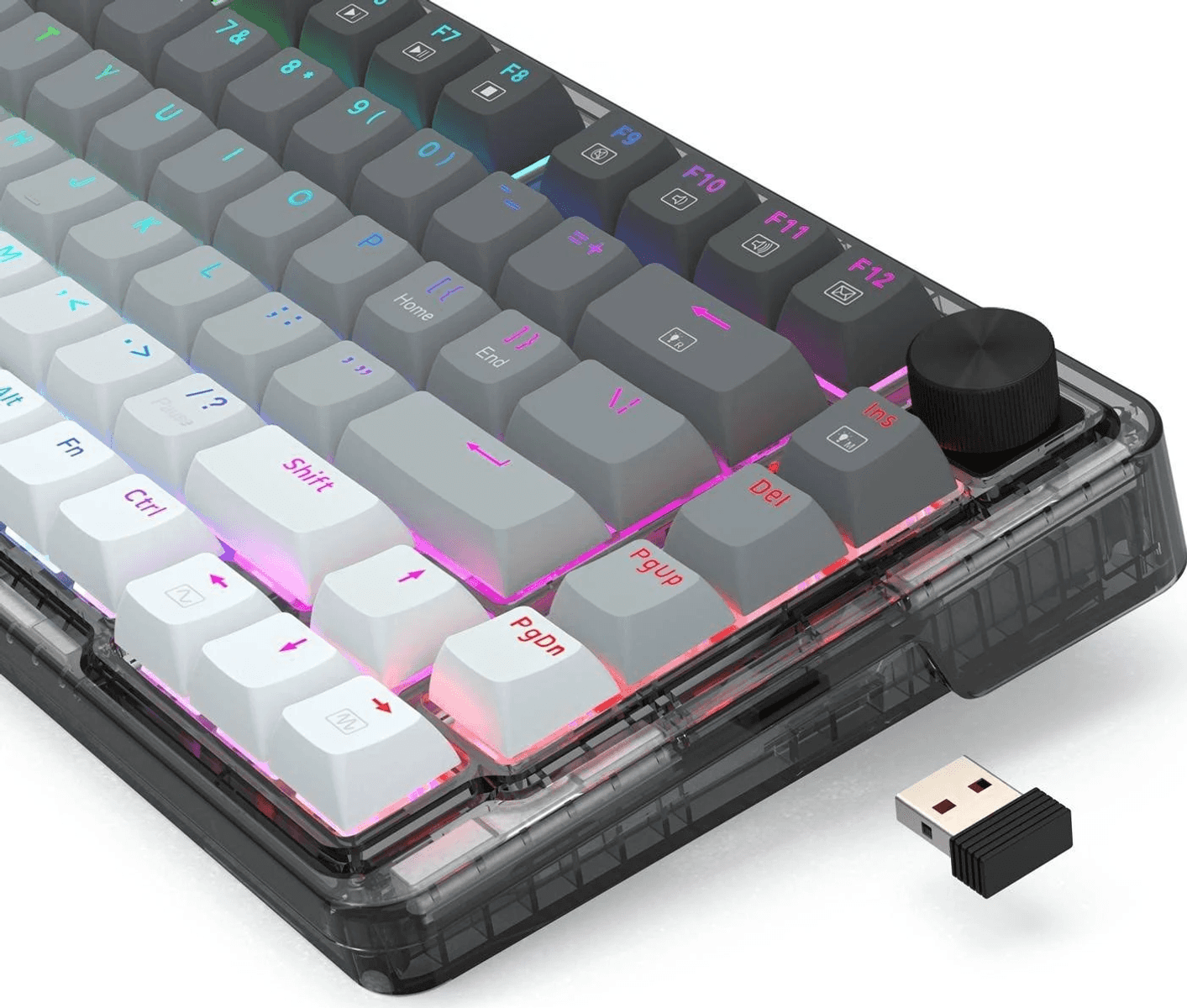 Teclado mec ánico transparente con retroiluminación RGB y receptor USB sobre fondo blanco.