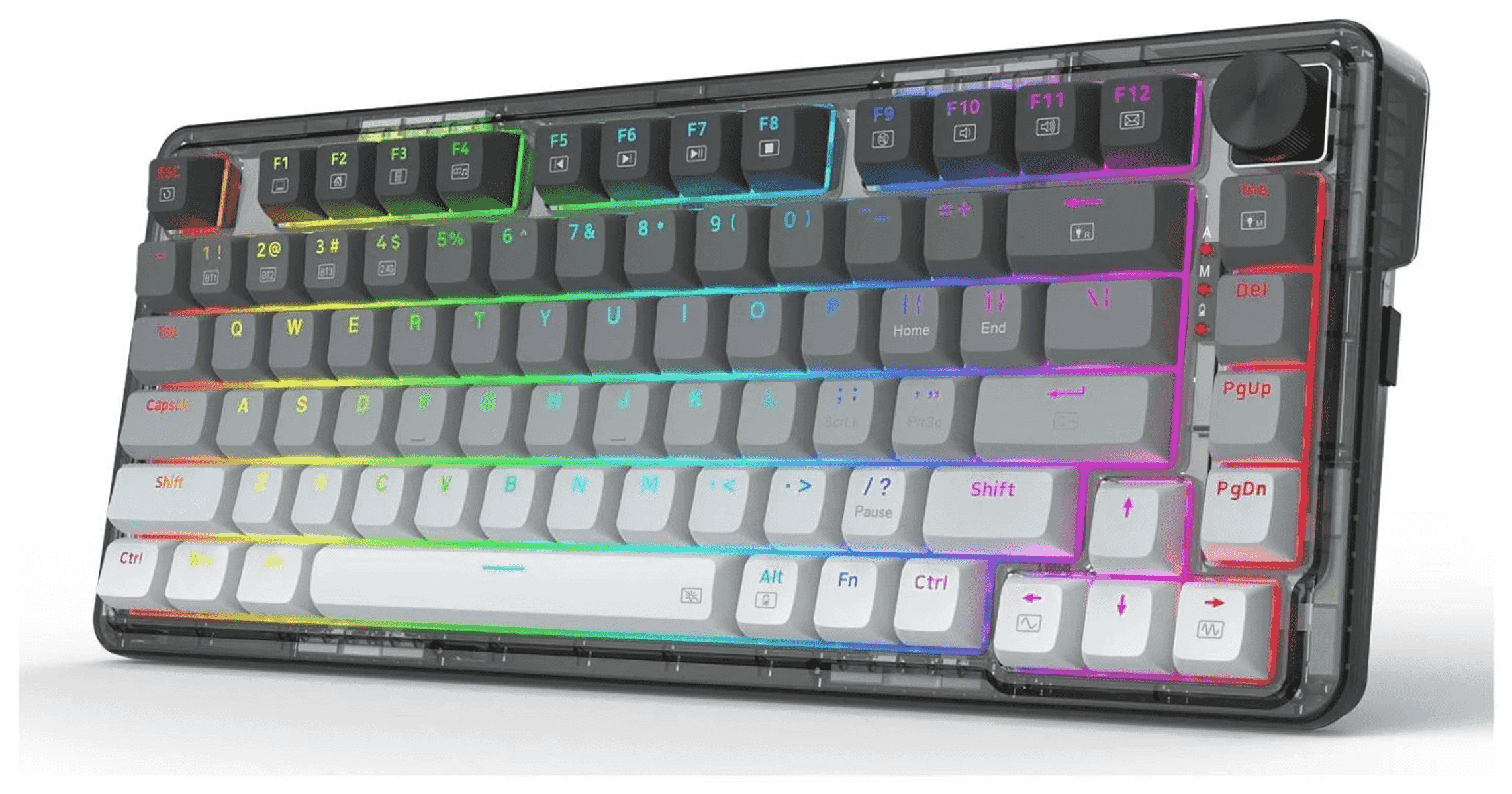Un teclado mecánico transparente con retroiluminación RGB colorida debajo de las teclas.