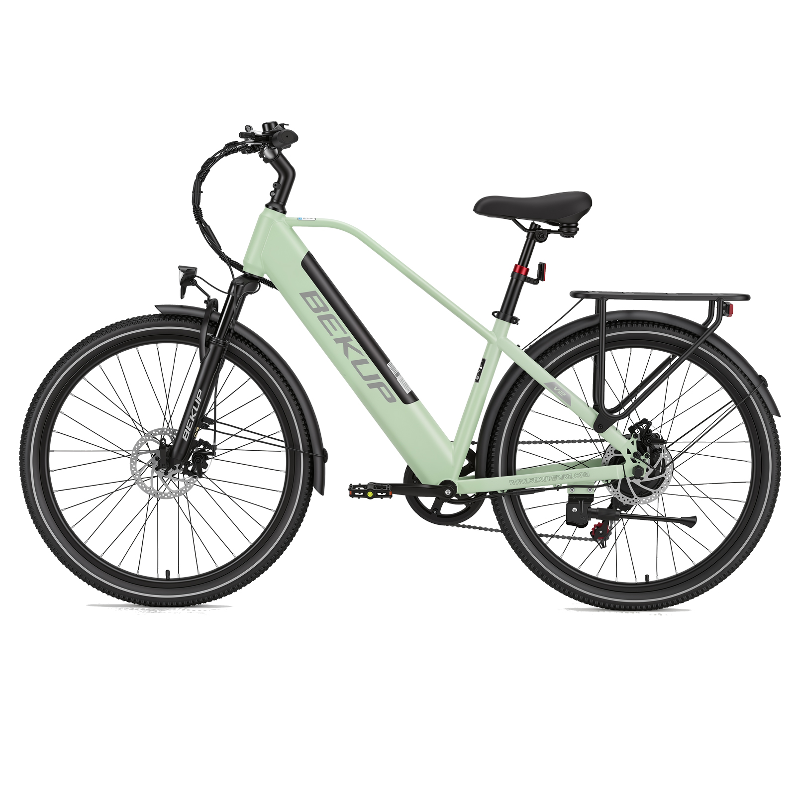 Ein hellgrünes Bekup E-Bike mit Gepäckträger vor weißem Hintergrund.