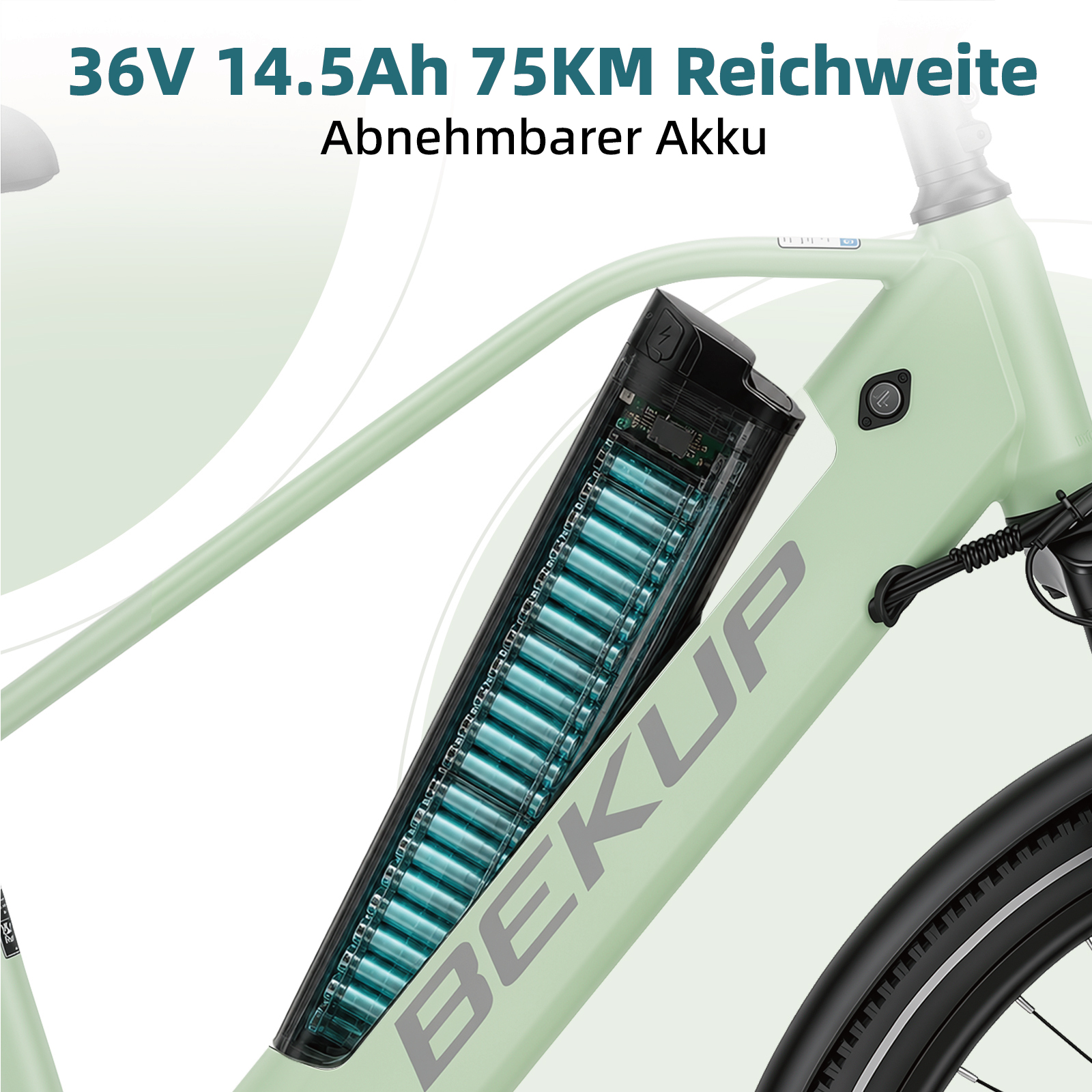 Nahaufnahme eines hellgrünen E-Bike-Rahmens mit transparentem Einblick in den herausnehmbaren Akku mit Rundzellen.
