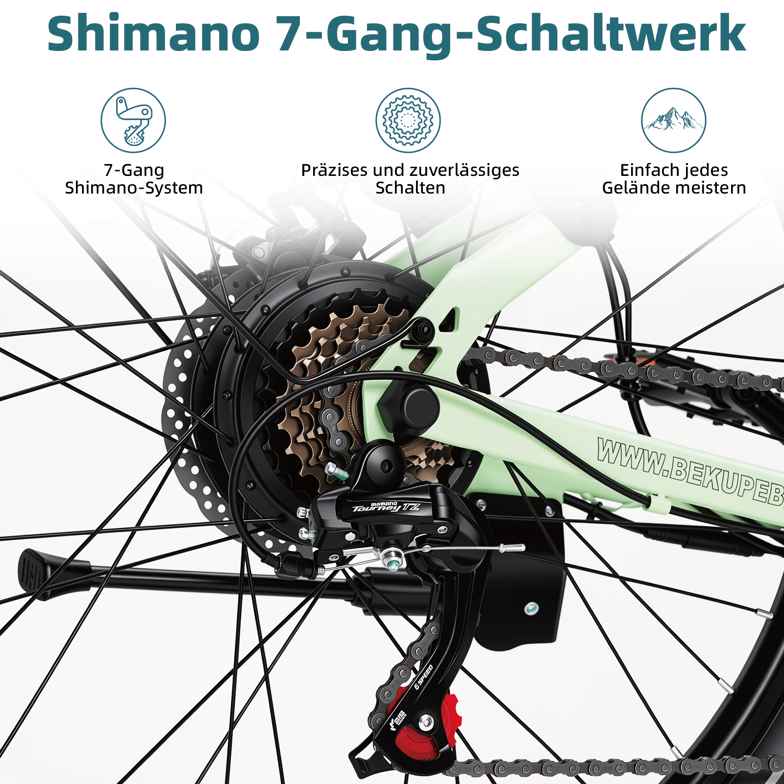 Nahaufnahme eines Shimano 7-Gang-Schaltwerks an einem grünen Fahrrad mit Texten.