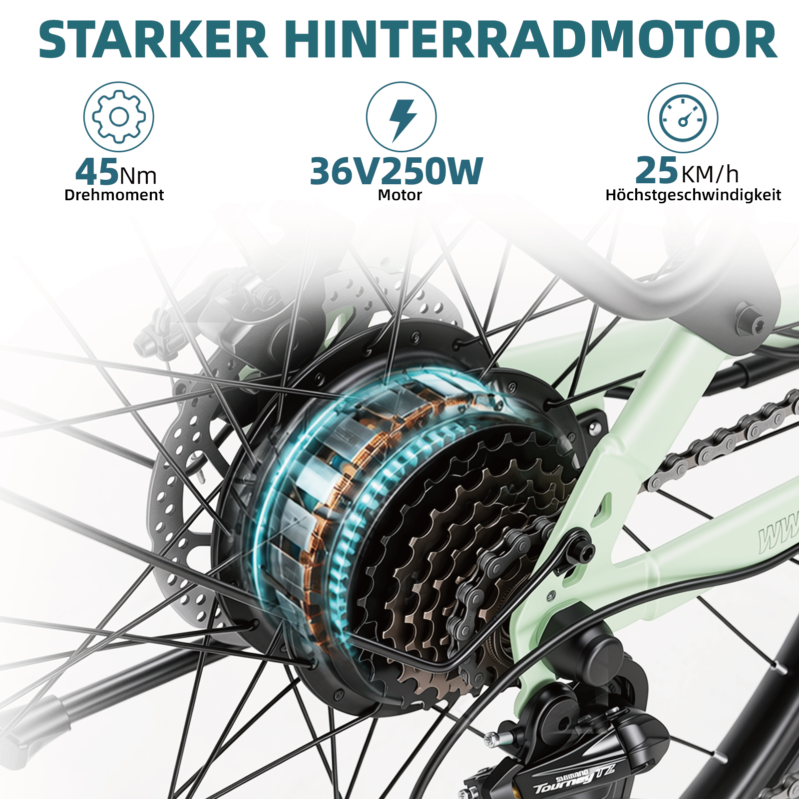 E-Bike Hinterradmotor mit 45Nm, 36V 250W und 25 km/h Höchstgeschwindigkeit.