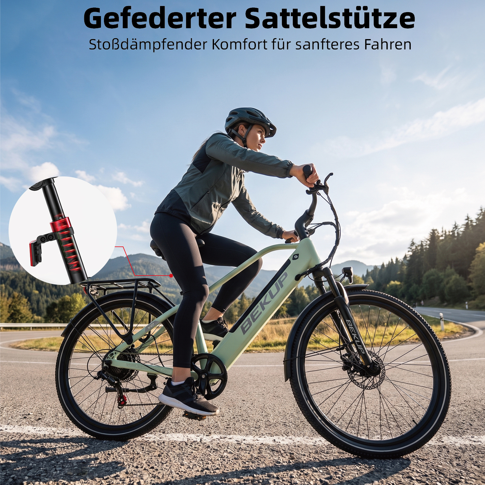 Frau fährt ein grünes E-Bike auf einer Straße, mit einem Inset der gefederten Sattelstütze.