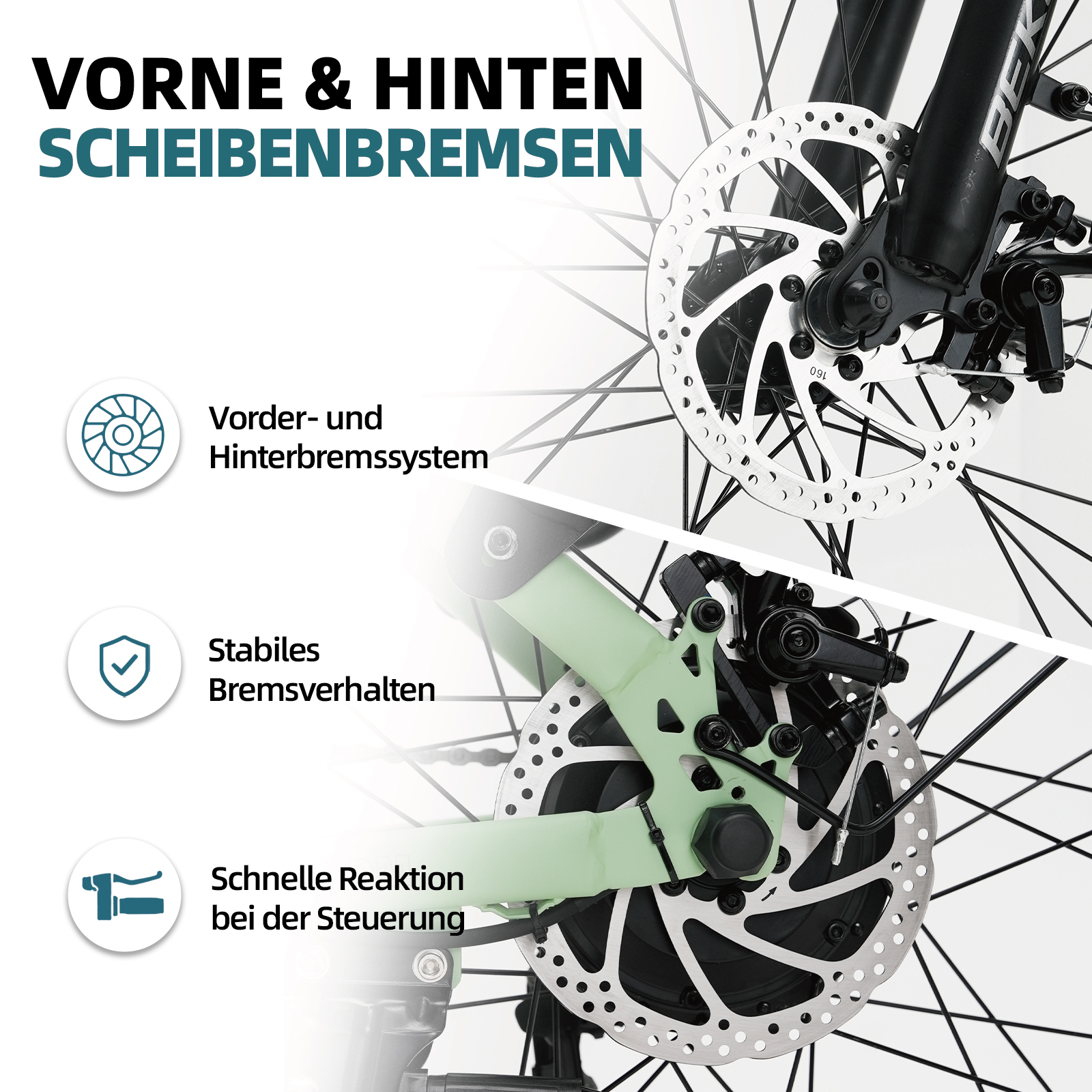 Bicycle disc brakes on front and rear wheels with German text features.