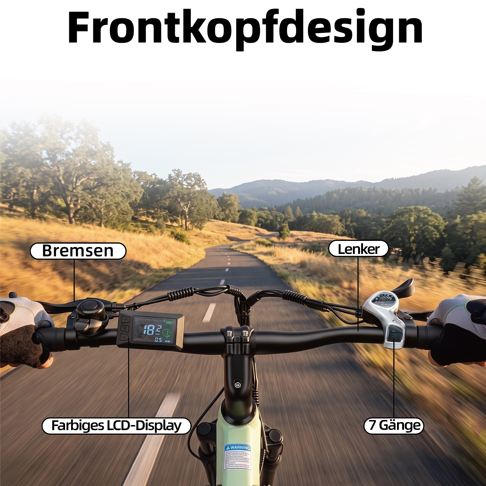 E-Bike-Lenker mit Display, Bremsen und 7-Gänge-Schaltung auf einer asphaltierten Straße vor bergiger Landschaft.