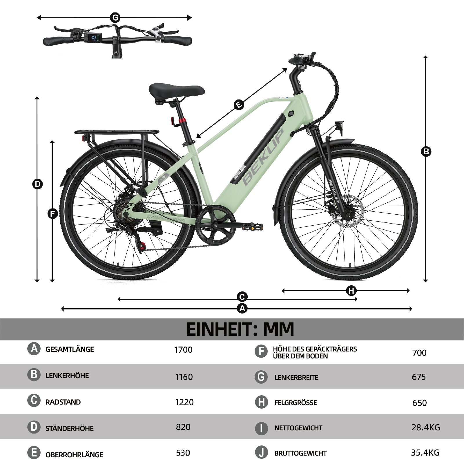 Grünes Elektrofahrrad mit Maßangaben für Länge und Höhe.