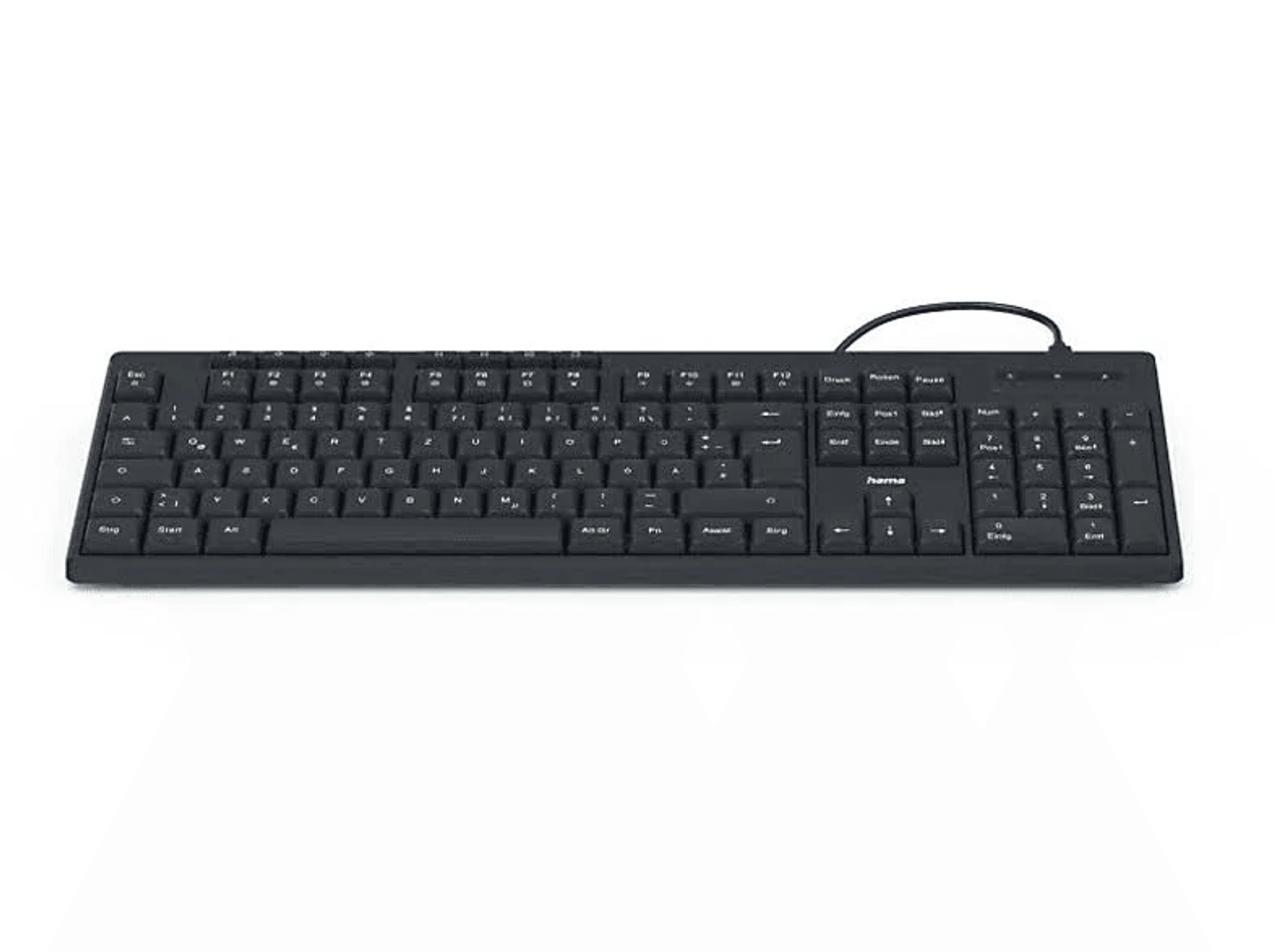 Un teclado de ordenador negro con un cable conectado, mostrado sobre un fondo blanco liso.