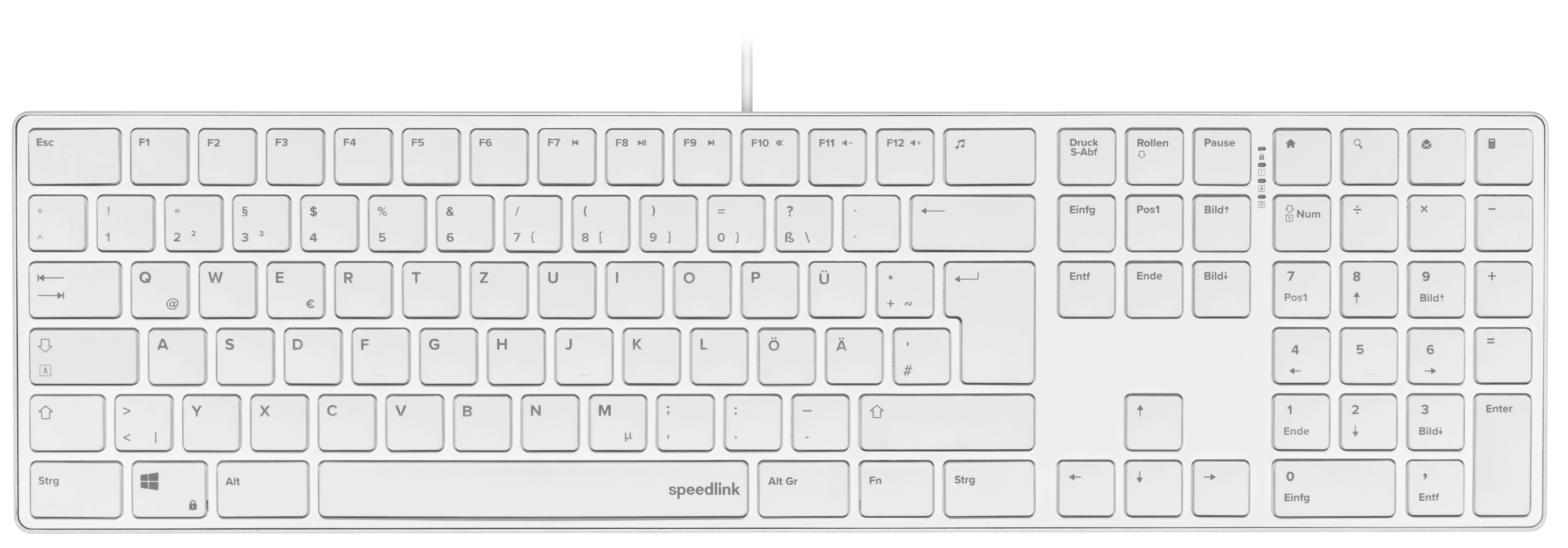Una tastiera per computer bianca con layout QWERTZ tedesco e tastierino numerico su sfondo chiaro.