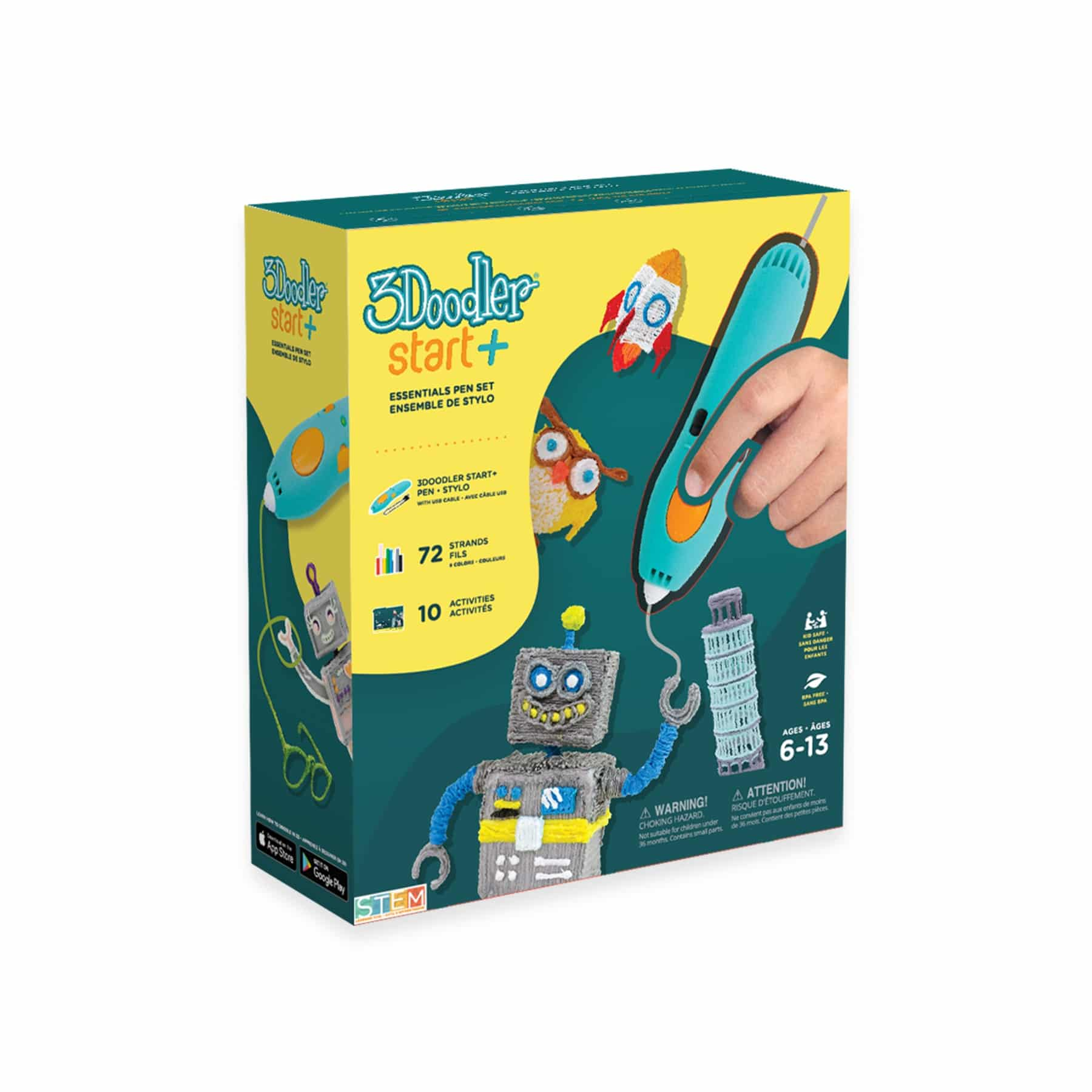 Confezione del set di penne 3Doodler Start+ con illustrazione di penna blu e arancione ed esempi di artigianato.