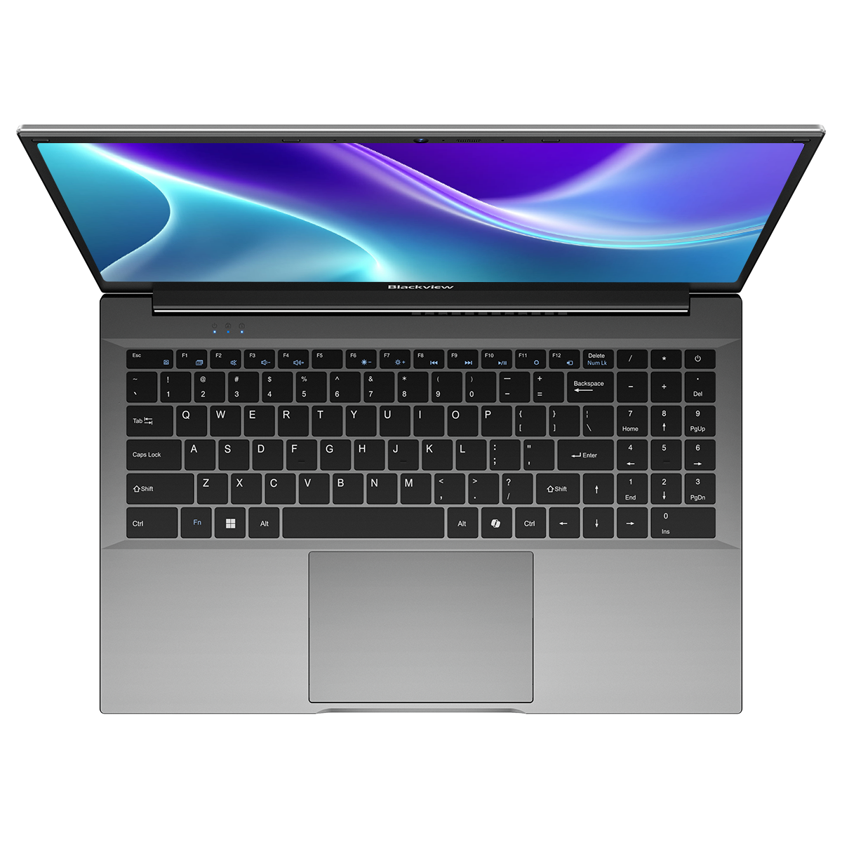 Widok z góry na szary laptop z podświetlanym ekranem przedstawiającym abstrakcyjne fale.