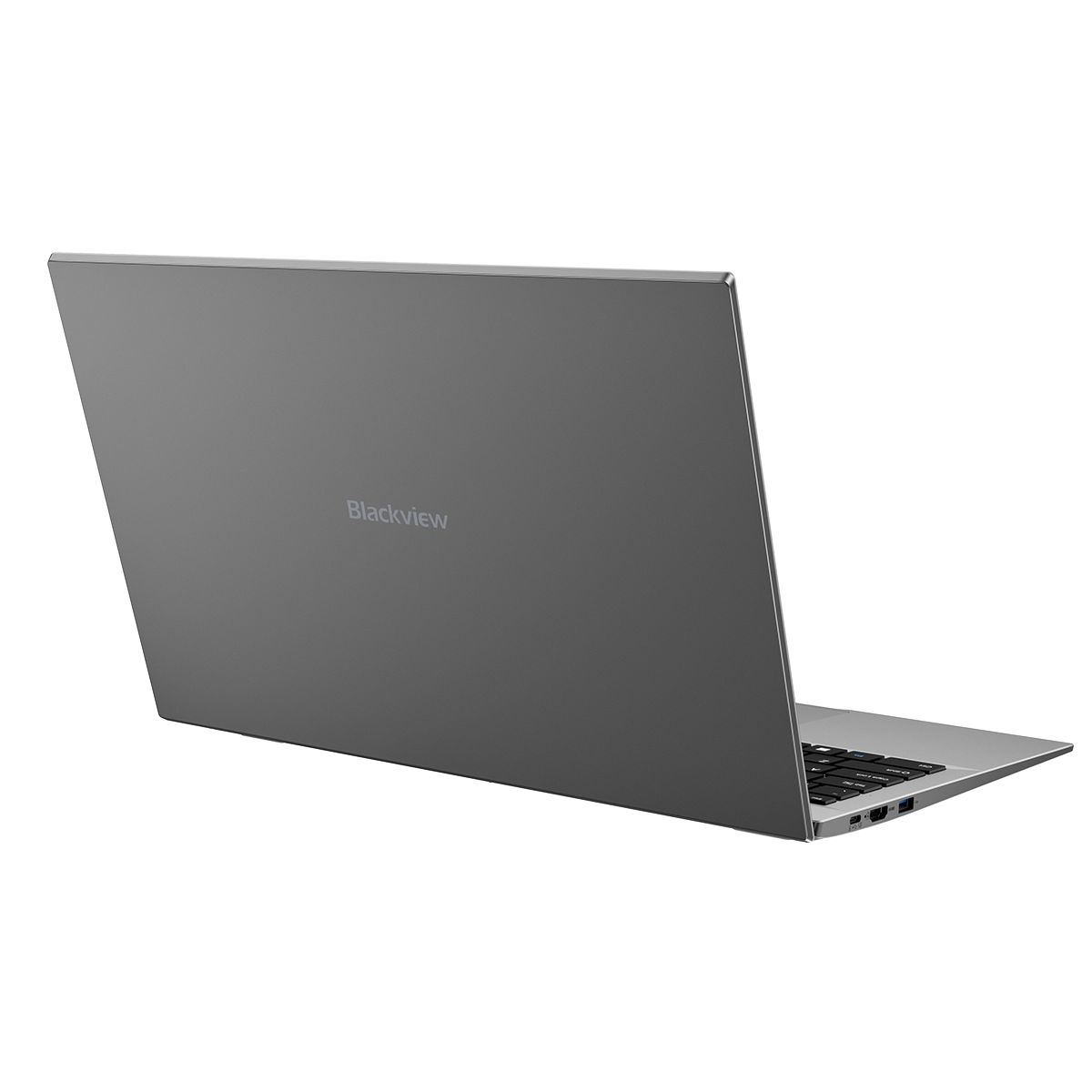 Ein silberner Blackview-Laptop steht auf einer schwarzen Oberfläche mit sichtbarem Logo.