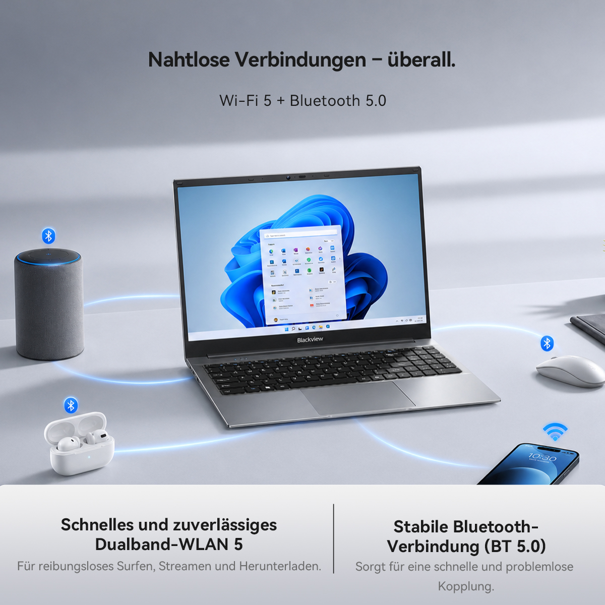 Ein Laptop verbunden mit Lautsprecher, Ohrhörern, Maus und Smartphone über WLAN und Bluetooth auf einem Schreibtisch.