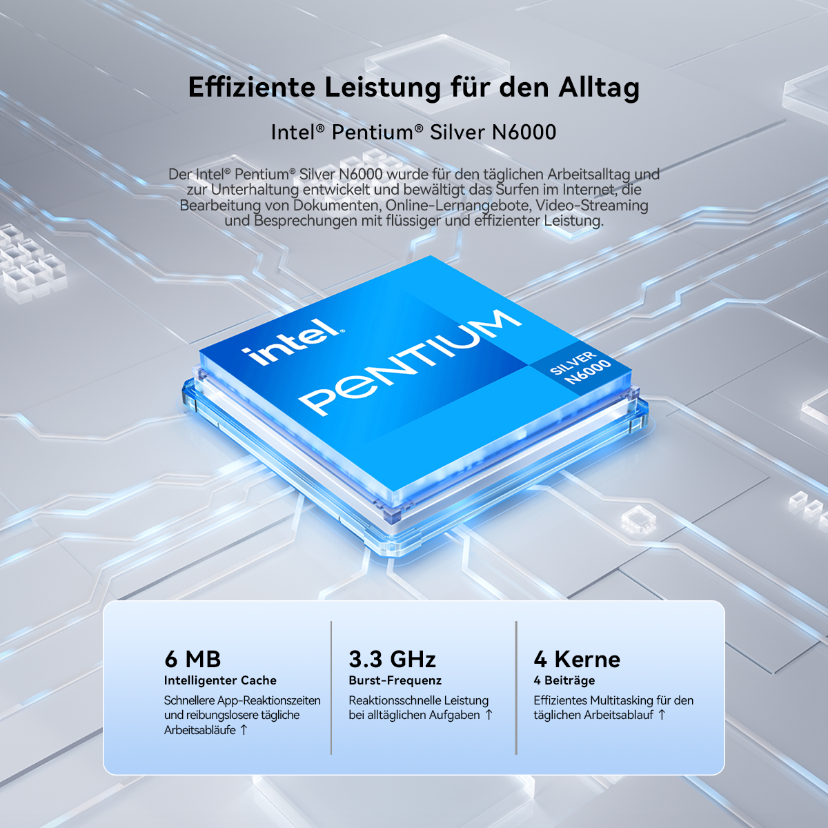 Intel Pentium Silver N6000 Prozessor mit Text und technischen Daten auf grauem Hintergrund.