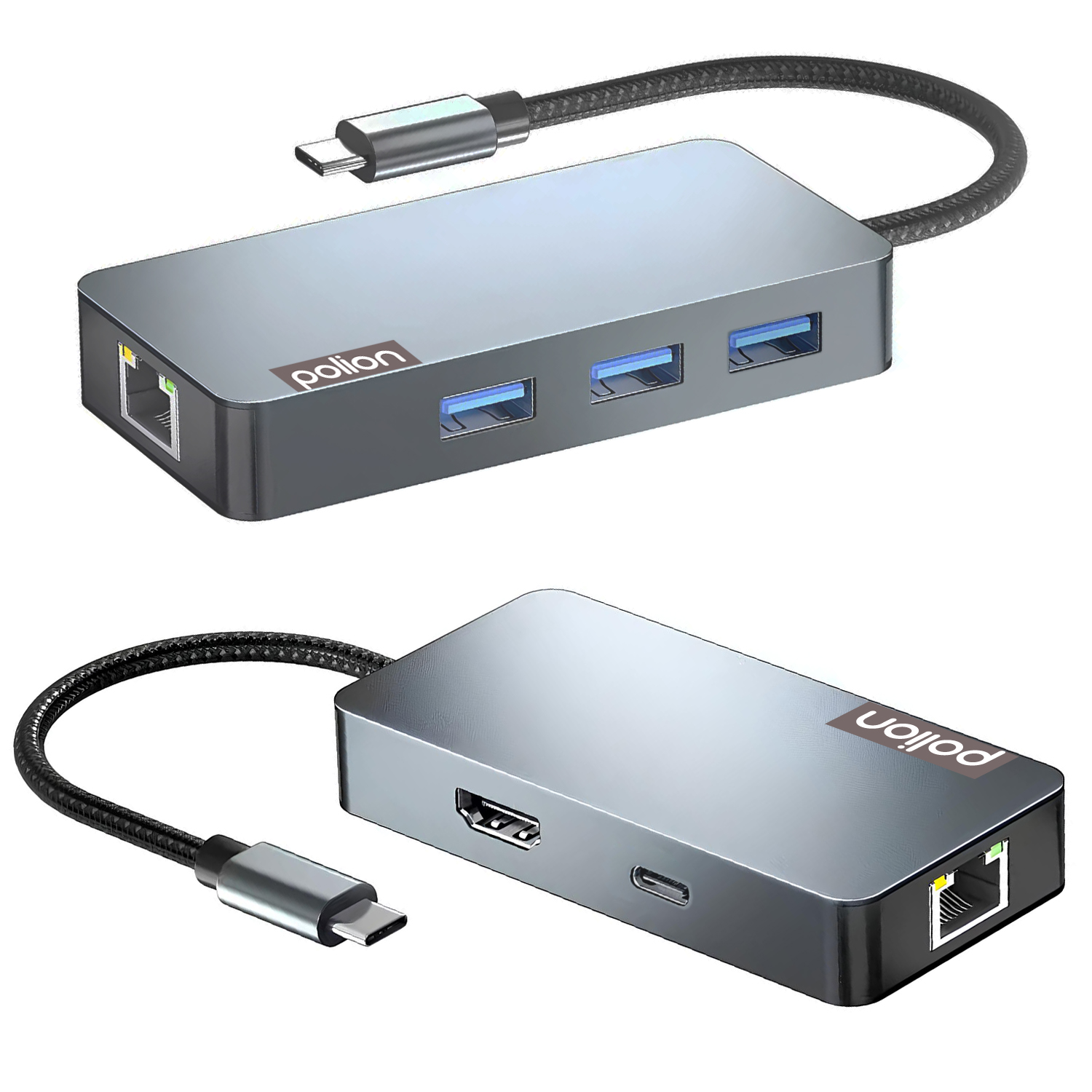 Szary hub USB-C z portami USB, HDMI, Ethernet i plecionym kablem z dwóch kątów.