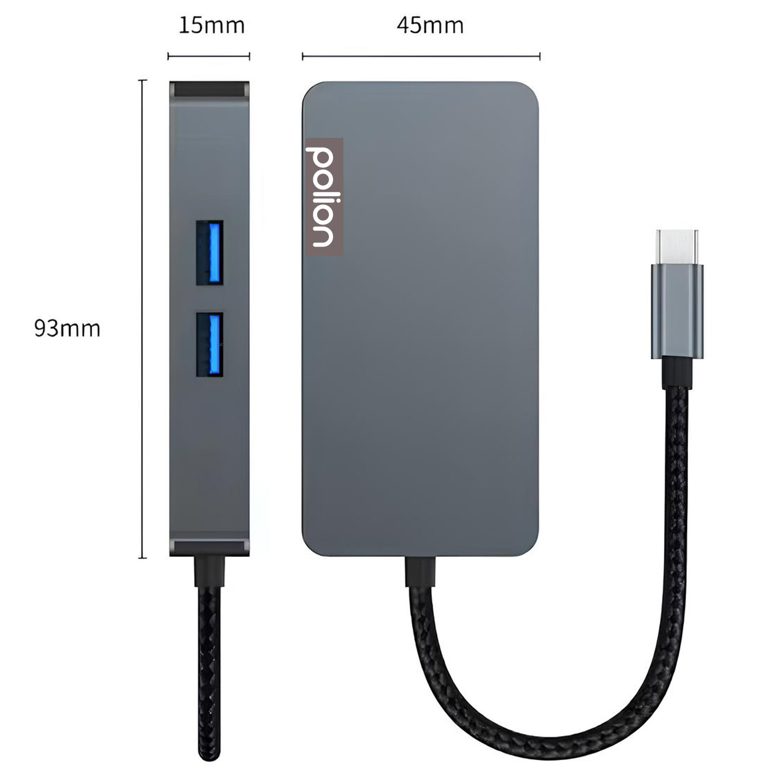 Szary hub USB z kablem i wymiarami w milimetrach.