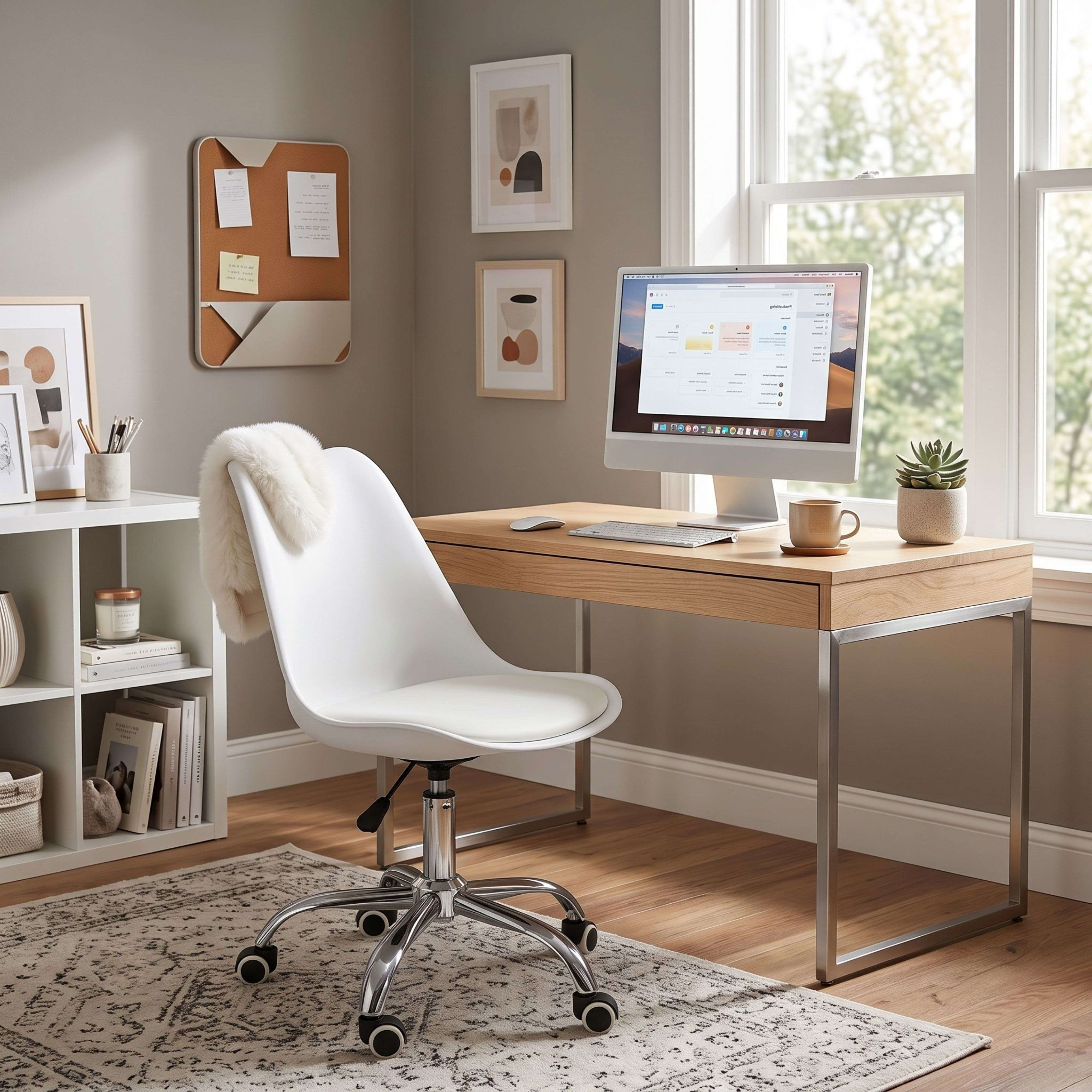 Oficina moderna en casa con escritorio de madera, silla blanca, ordenador y decoración.