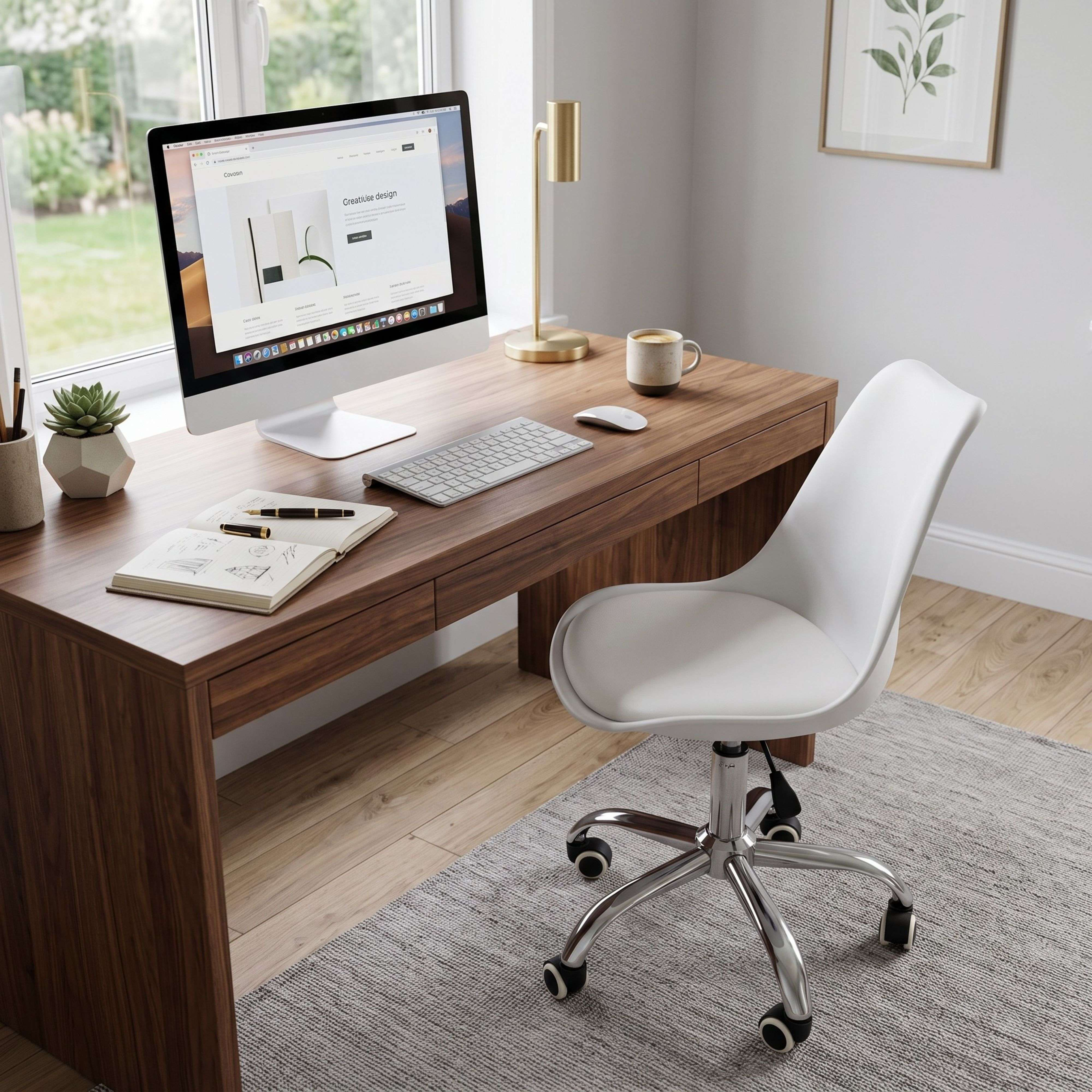 Un escritorio de madera con computadora, lámpara, cuaderno y una silla giratoria blanca sobre una alfombra gris.