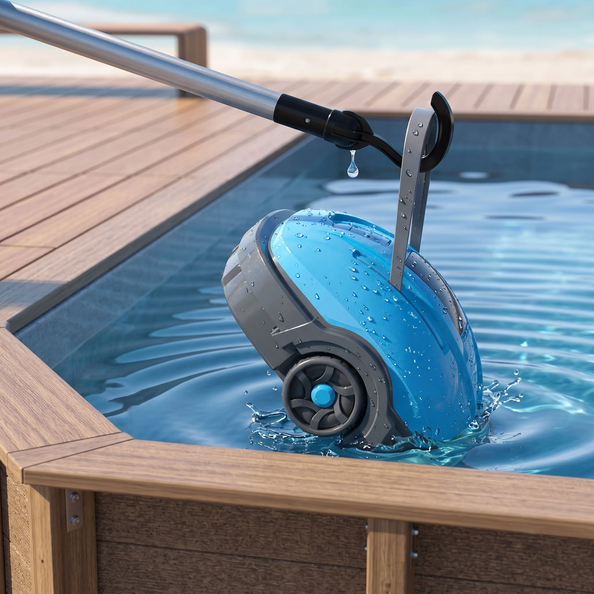 Un pulitore per piscina blu e grigio viene sollevato da una piscina in legno con un palo lungo.