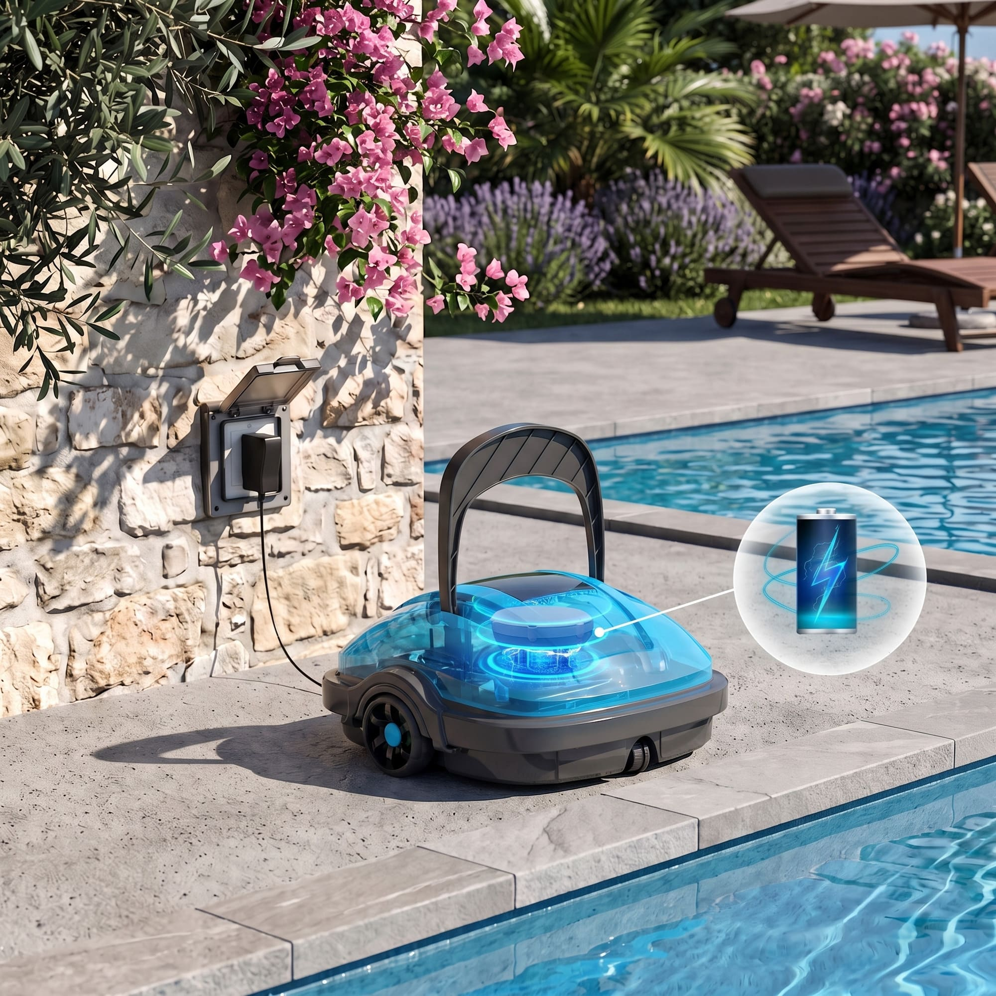 Un pulitore robot per piscina si ricarica vicino a una piscina soleggiata.