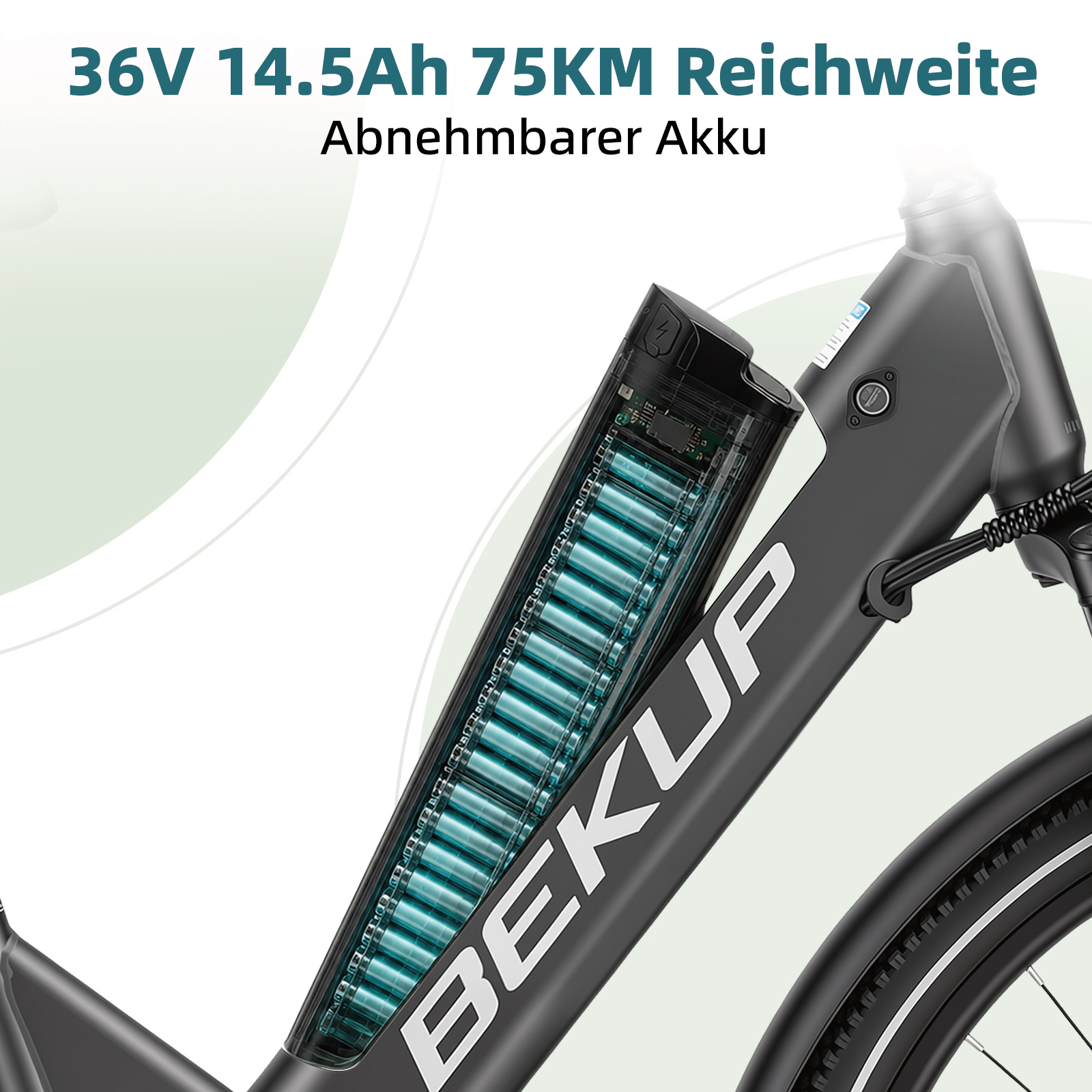 E-Bike-Akku mit internen zylindrischen Zellen an schwarzem Rahmen mit deutschem Text oben.