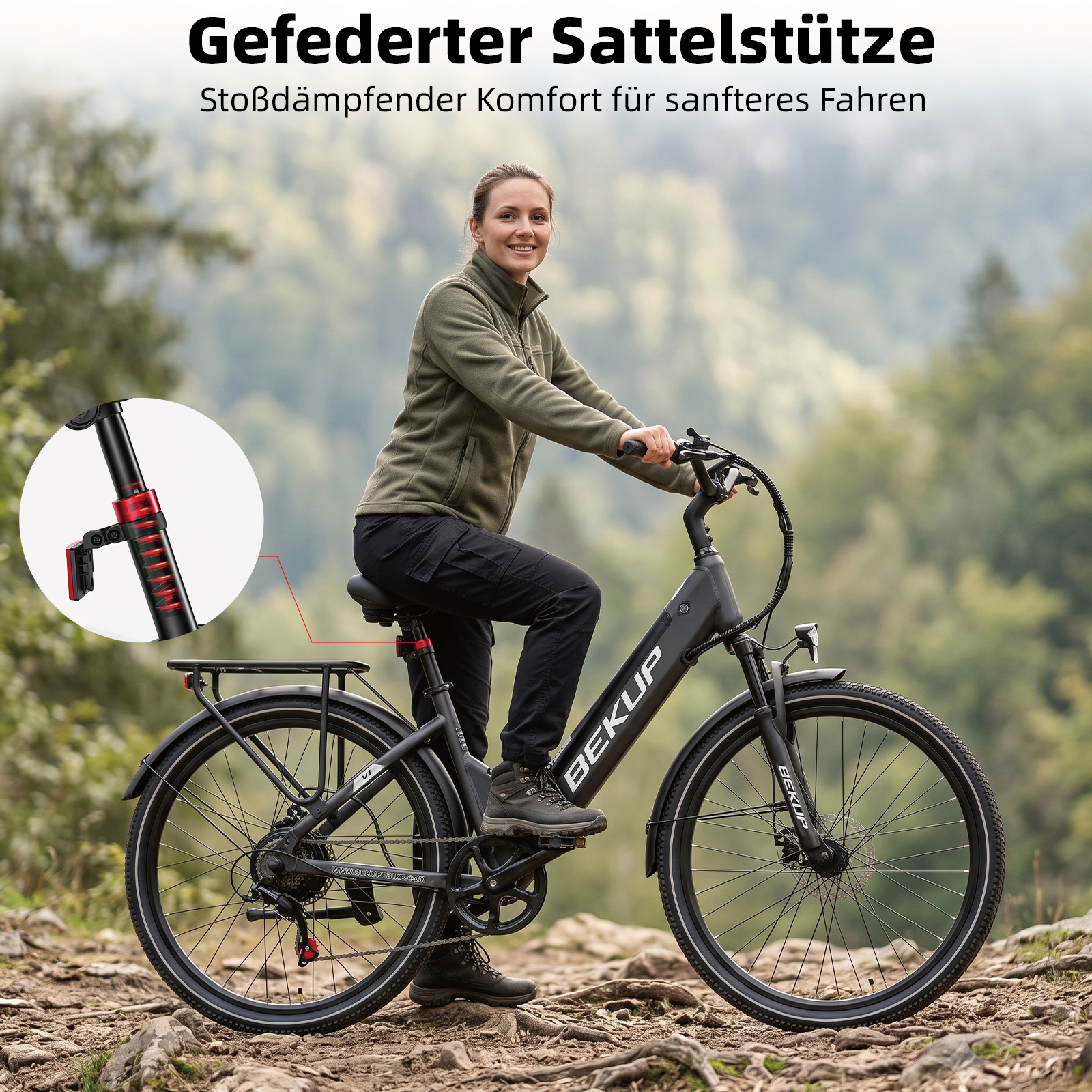 Frau sitzt auf einem schwarzen E-Bike auf einem Waldweg, mit einer Nahaufnahme der gefederten Sattelstütze.