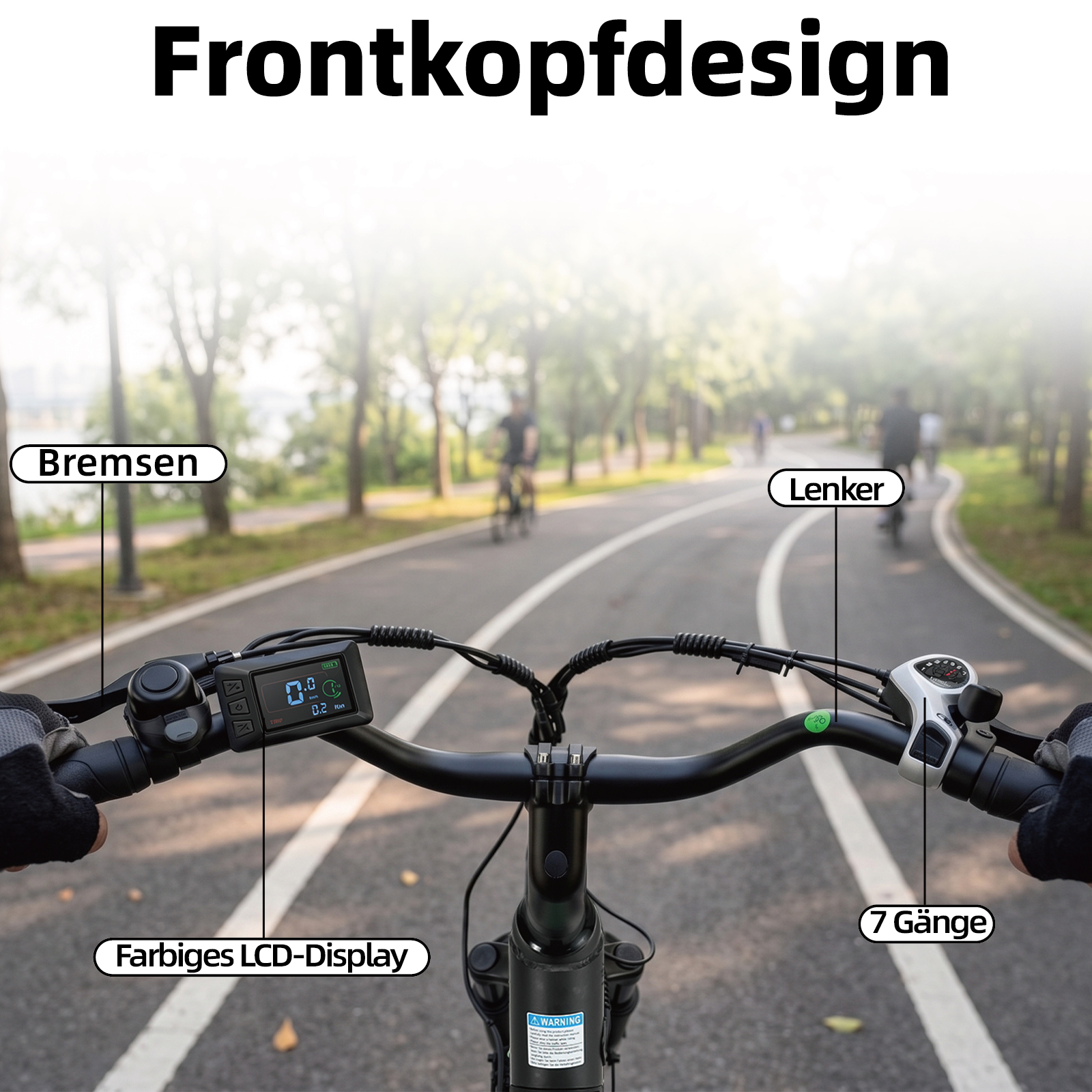 E-Bike-Lenker aus der Perspektive des Fahrers mit beschrifteten Teilen wie LCD-Display und Bremsen.