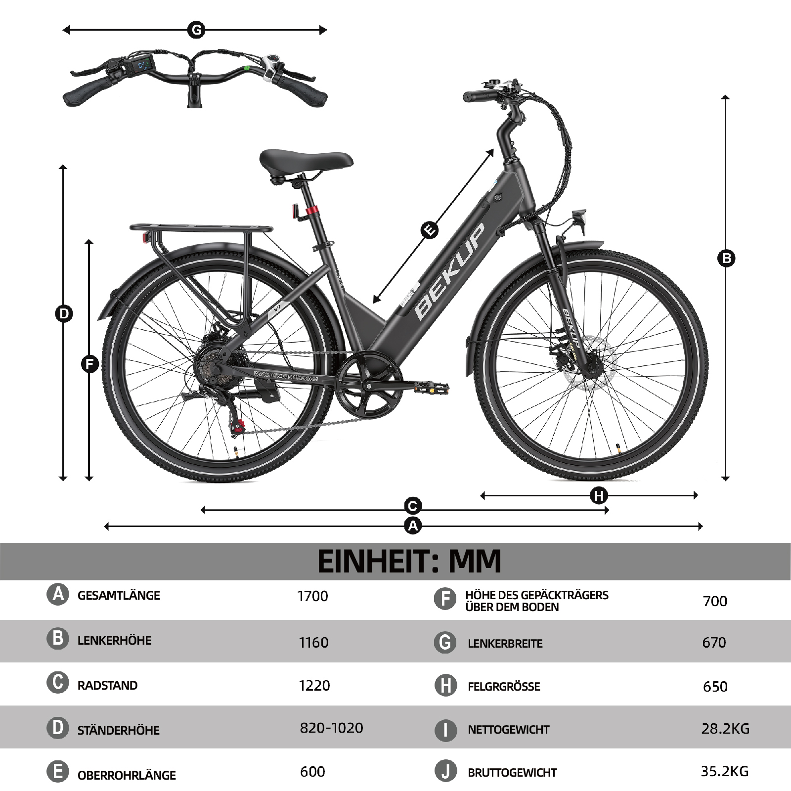 Technische Zeichnung eines schwarzen E-Bikes mit Maßangaben und einer Tabelle der Abmessungen.