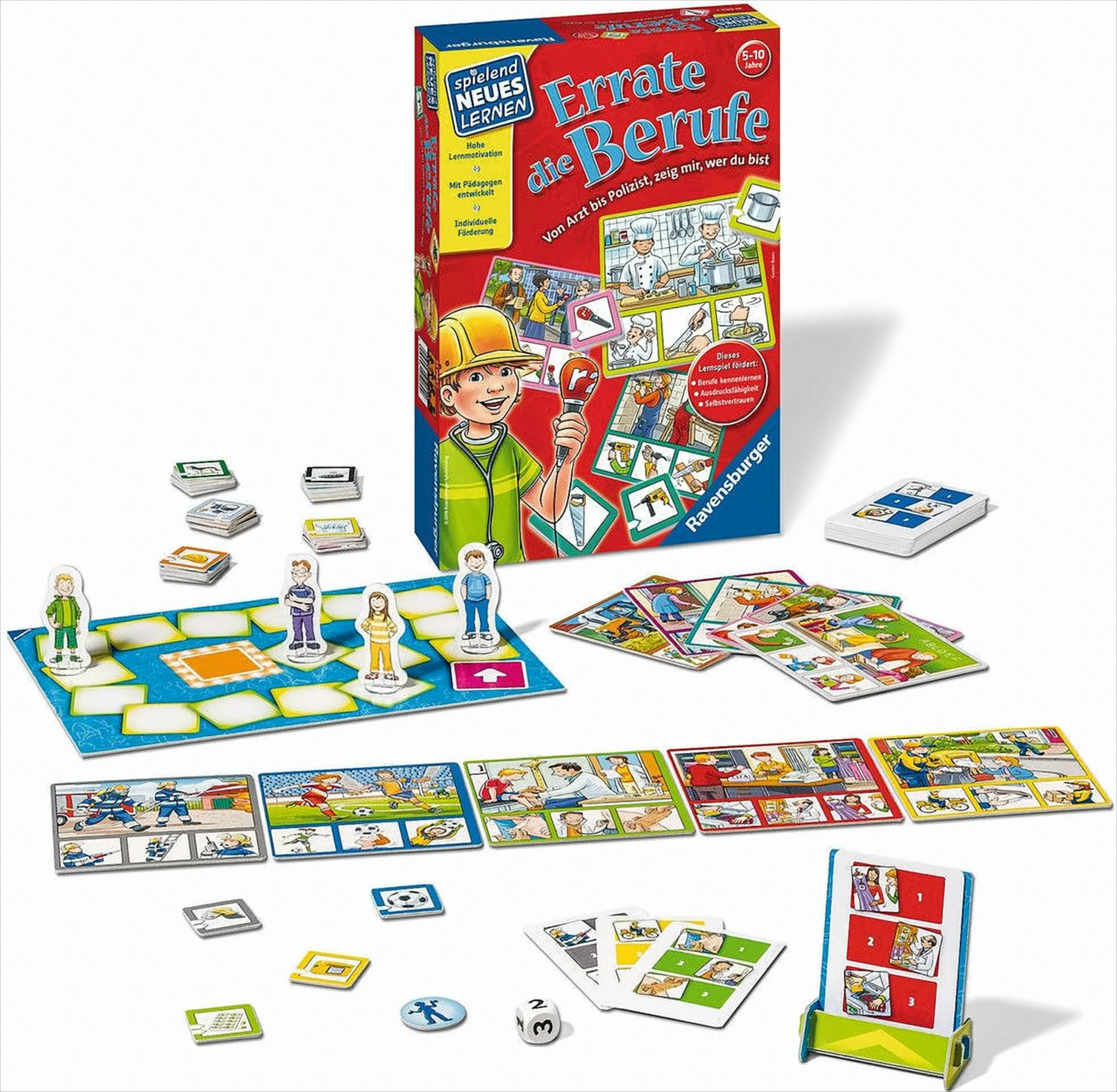 Ravensburger-Brettspiel mit Schachtel, Spielbrett, Karten, Figuren, Würfel und Bildtafeln zu Berufen.