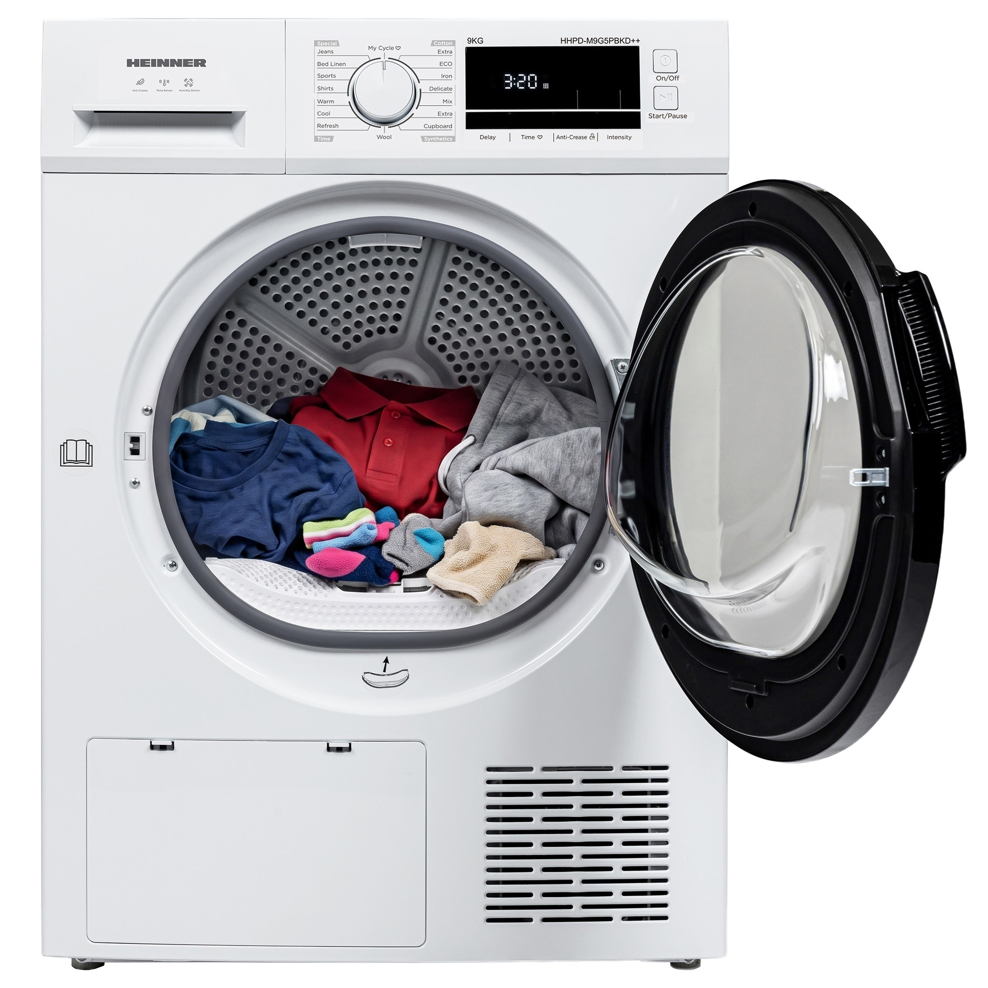 A white Heinner tumble dryer with an open door, filled with colorful laundry against a white background.