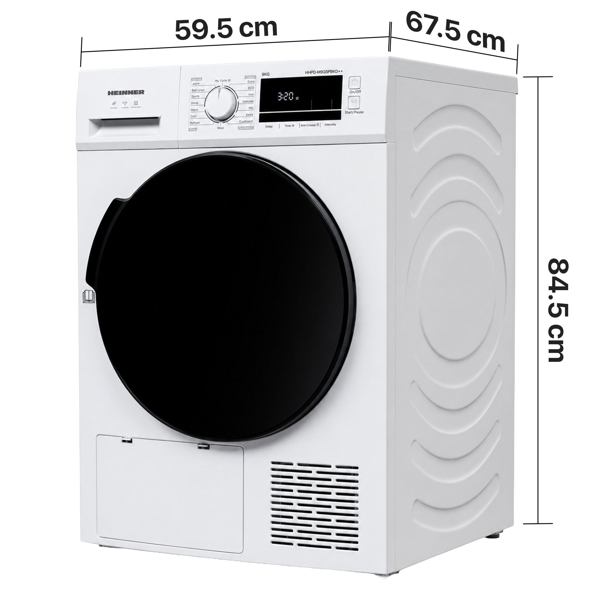 White Heinner tumble dryer with black door and dimensions: 59.5cm width, 67.5cm depth, 84.5cm height.