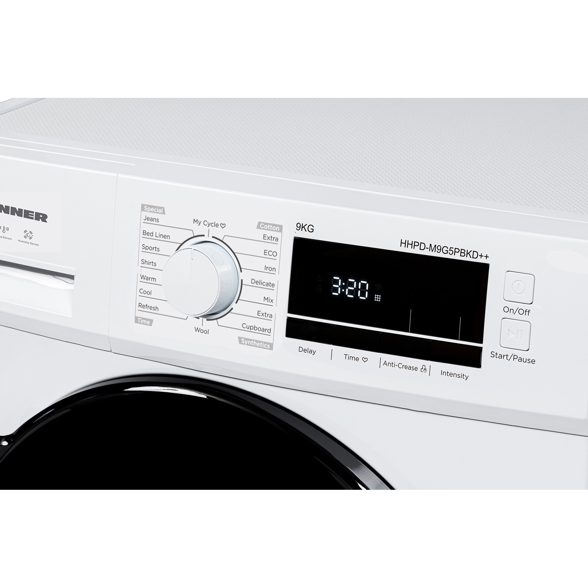White control panel of a tumble dryer with rotary dial, digital display, and buttons.