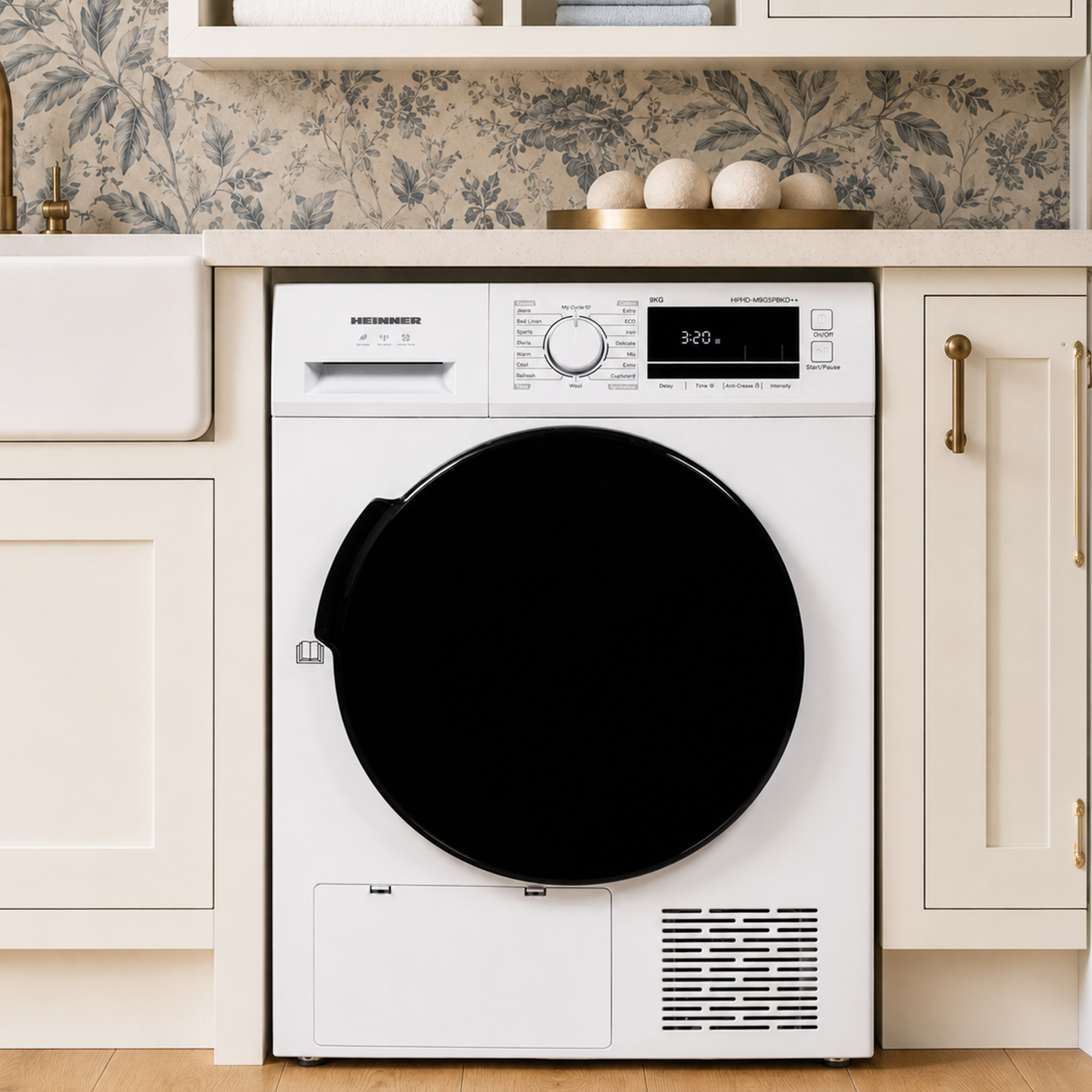 A white Heinner washing machine with a black round door is built into a kitchen with floral wallpaper.