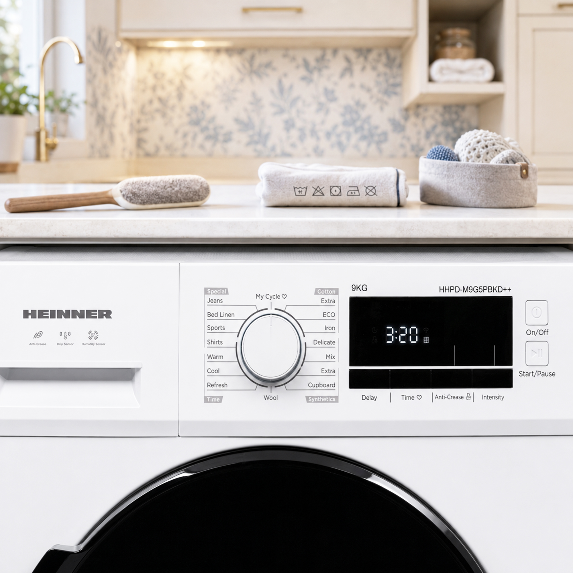 Panneau de commande d'un lave-linge blanc Heinner avec affichage numérique indiquant 3:20 et du linge sur le comptoir.