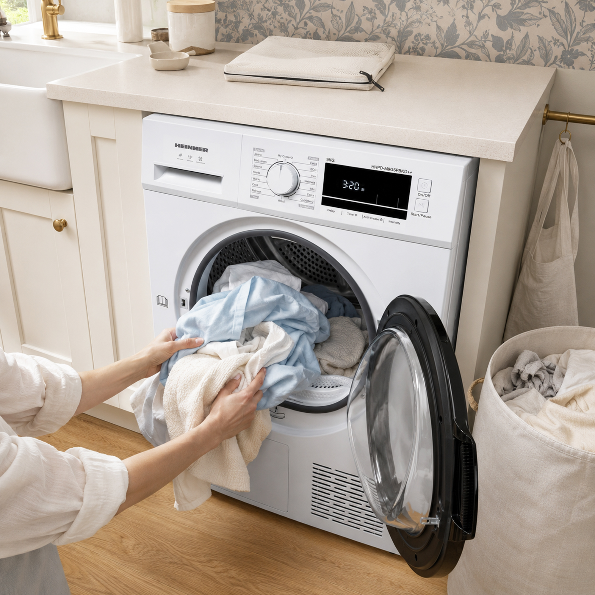 A person loads laundry into a white tumble dryer in a modern kitchen.