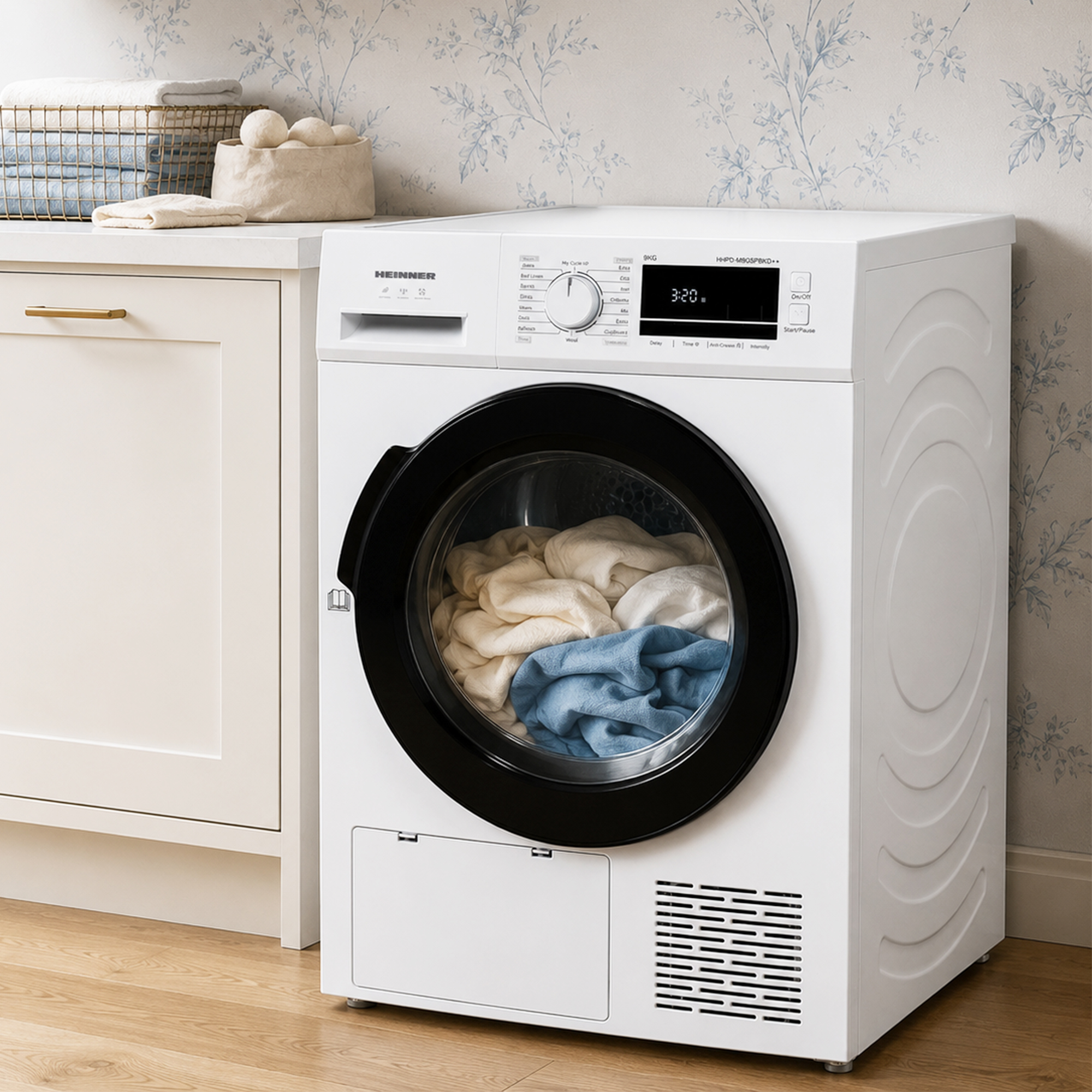 A white washing machine with a black door containing blue and white laundry stands in a room with floral wallpaper.