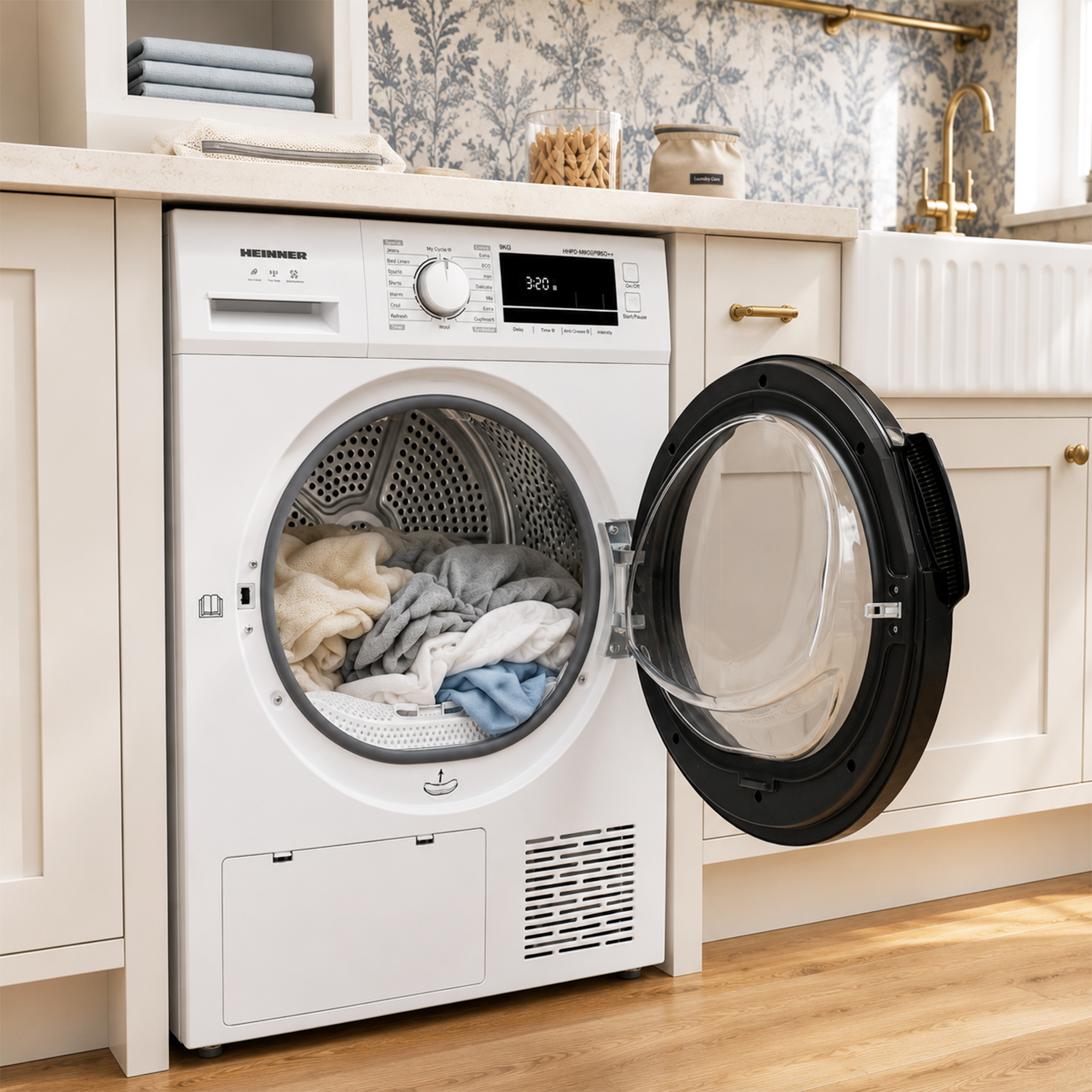 A white front-load washing machine with its door open reveals colorful clothes inside, set in a bright kitchen.