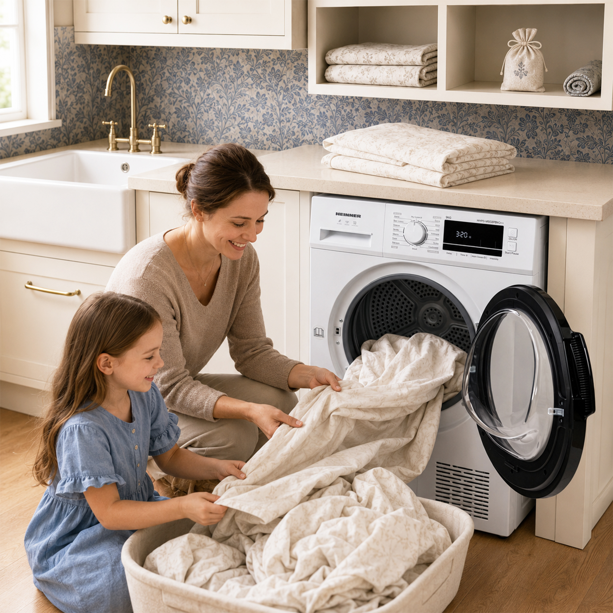 A woman and a young girl take laundry from the open washing machine in a bright kitchen.