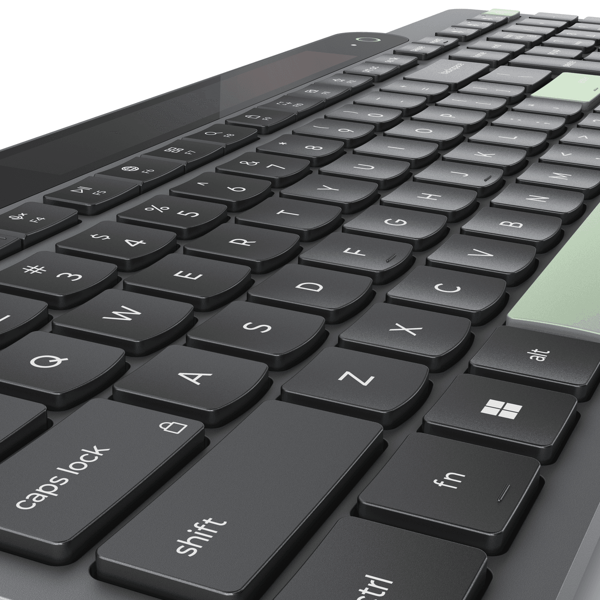 Primer plano de un teclado de ordenador negro con diseño QWERTY y teclas de acento verdes.