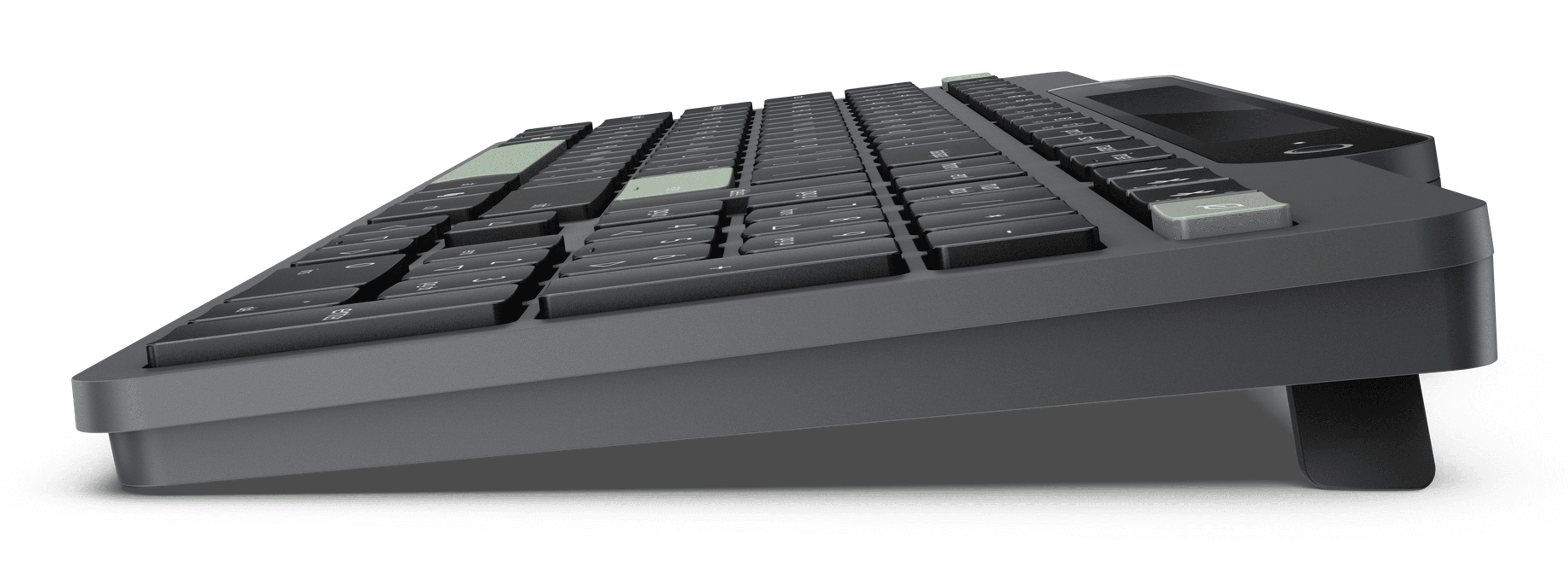 Se muestra desde una perspectiva lateral un teclado negro con panel táctil integrado en un diseño plano.