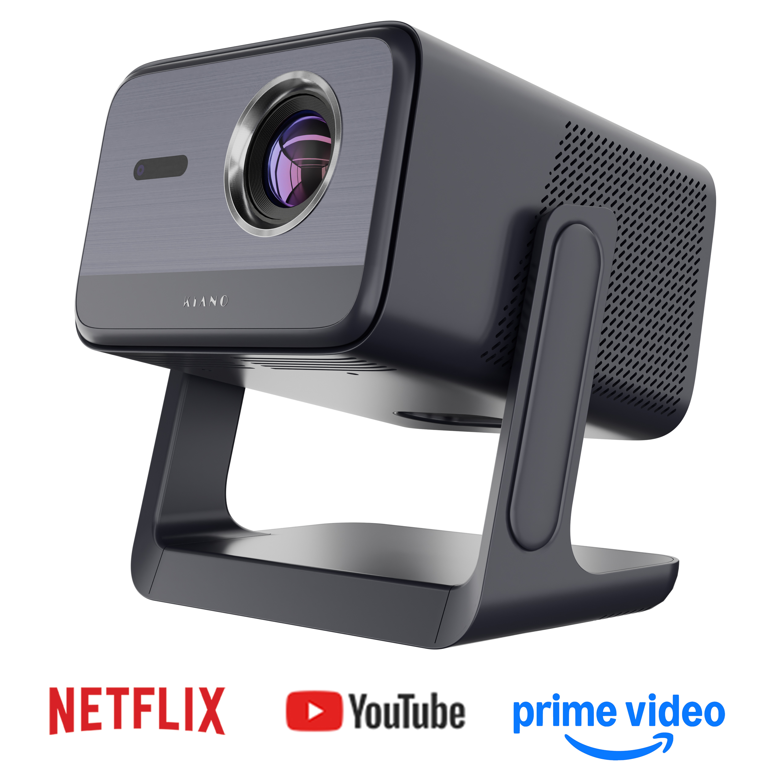 Ein grauer Kiano-Projektor auf einem Ständer mit Netflix, YouTube und Prime Video Logos unten.