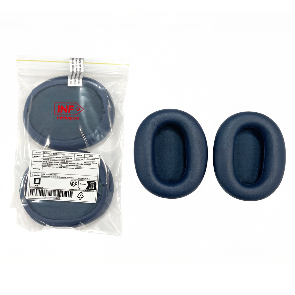 Due cuscinetti auricolari blu per cuffie accanto a un sacchetto di plastica sigillato con altri due.