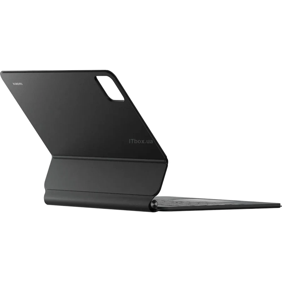 Custodia con tastiera per tablet Xiaomi nera vista da dietro, con supporto integrato e ritaglio per fotocamera.